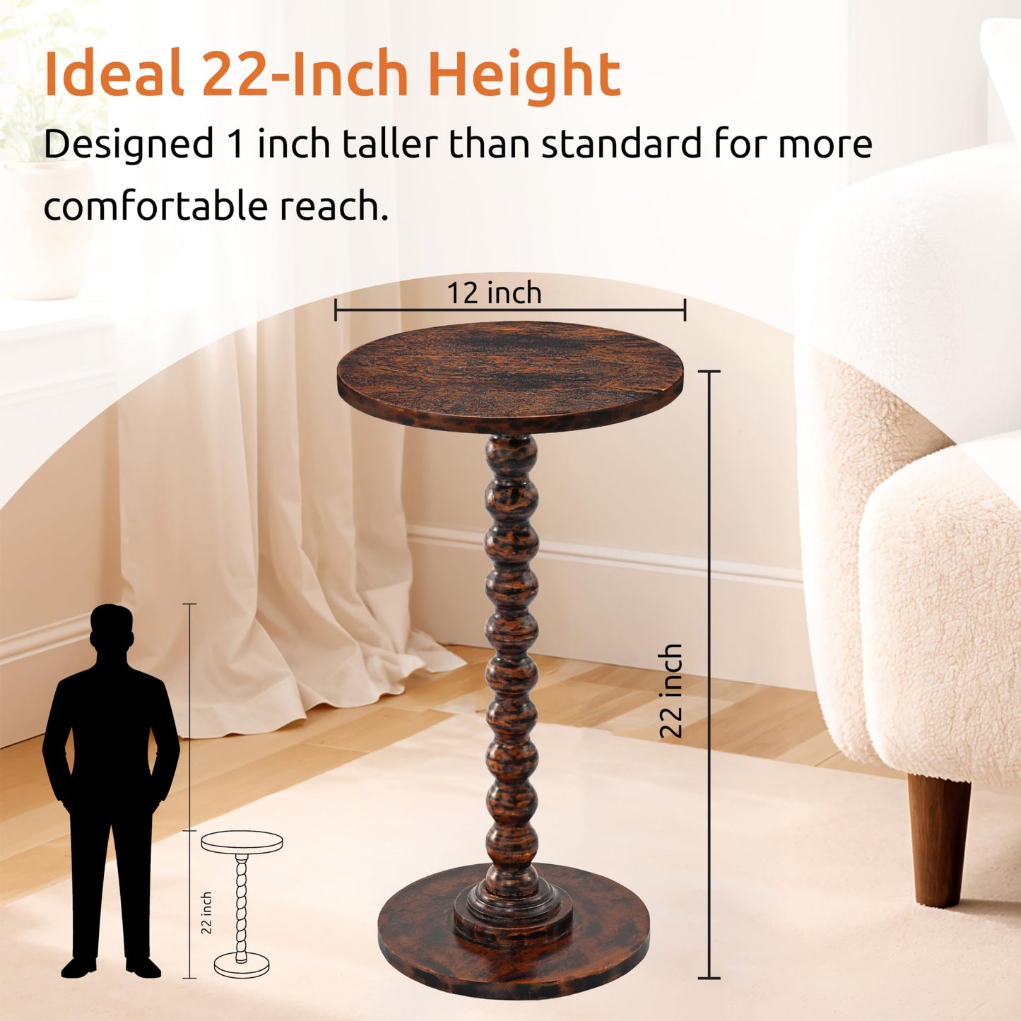 LIVINGNISH Solid Wood Round Side Table for Living Room, Bedroom and Office — Handcrafted 22-Inch End Table, Bedside Nightstand, Accent Table for Small Spaces with Tool-Free Assembly- Rustic Brown