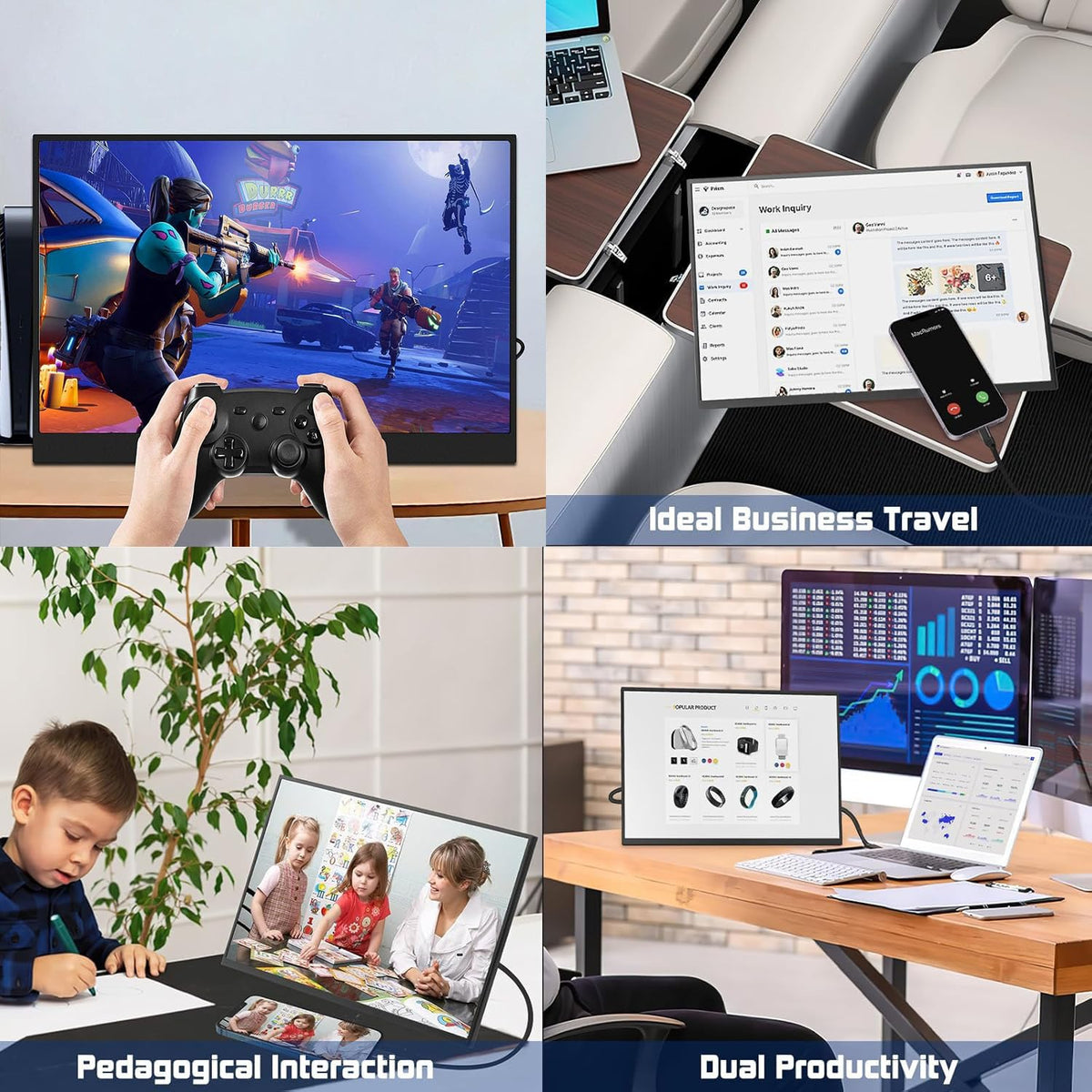 QQU 14" Portable Touchscreen Monitor, 1920 x 1200 IPS/HDR Ultra-Slim Travel Display with VESA Mount & Smart Cover, Kickstand & Speakers, HDMI USB-C External Monitor for Laptop, PC,Phone, Tablet, PS4/5