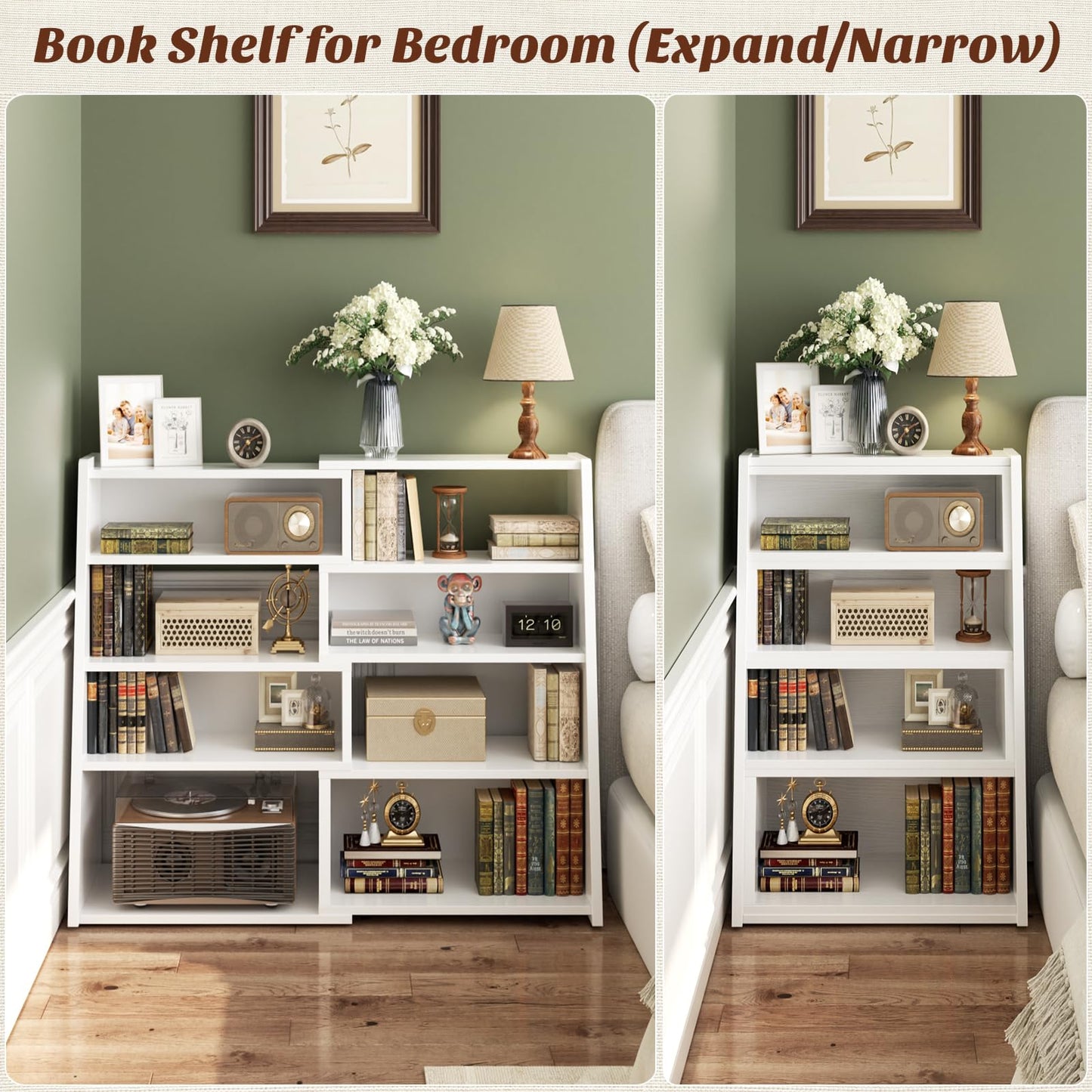 Armocity Expandable Bookshelf, Short Corner Bookshelf for Small Spaces, Small Ladder Book Shelf, Extendable Wood Narrow Bookcase for Living Room, Bedroom, 5 Tier, White
