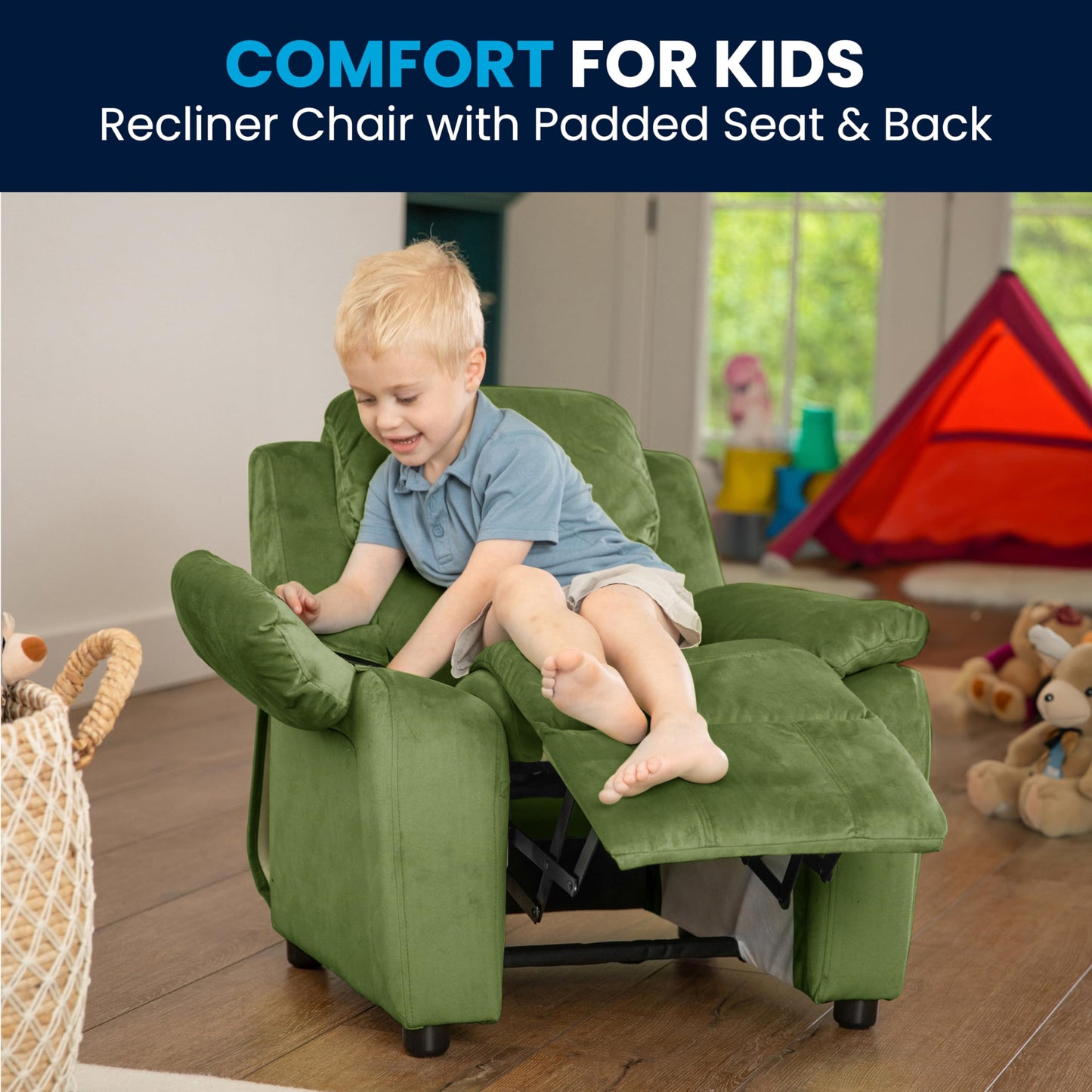 Flash Furniture Charlie Microfiber Kids Recliner with Flip-Up Storage Arms and Safety Recline, Contemporary Reclining Chair for Kids, Supports up to 90 lbs., Avocado
