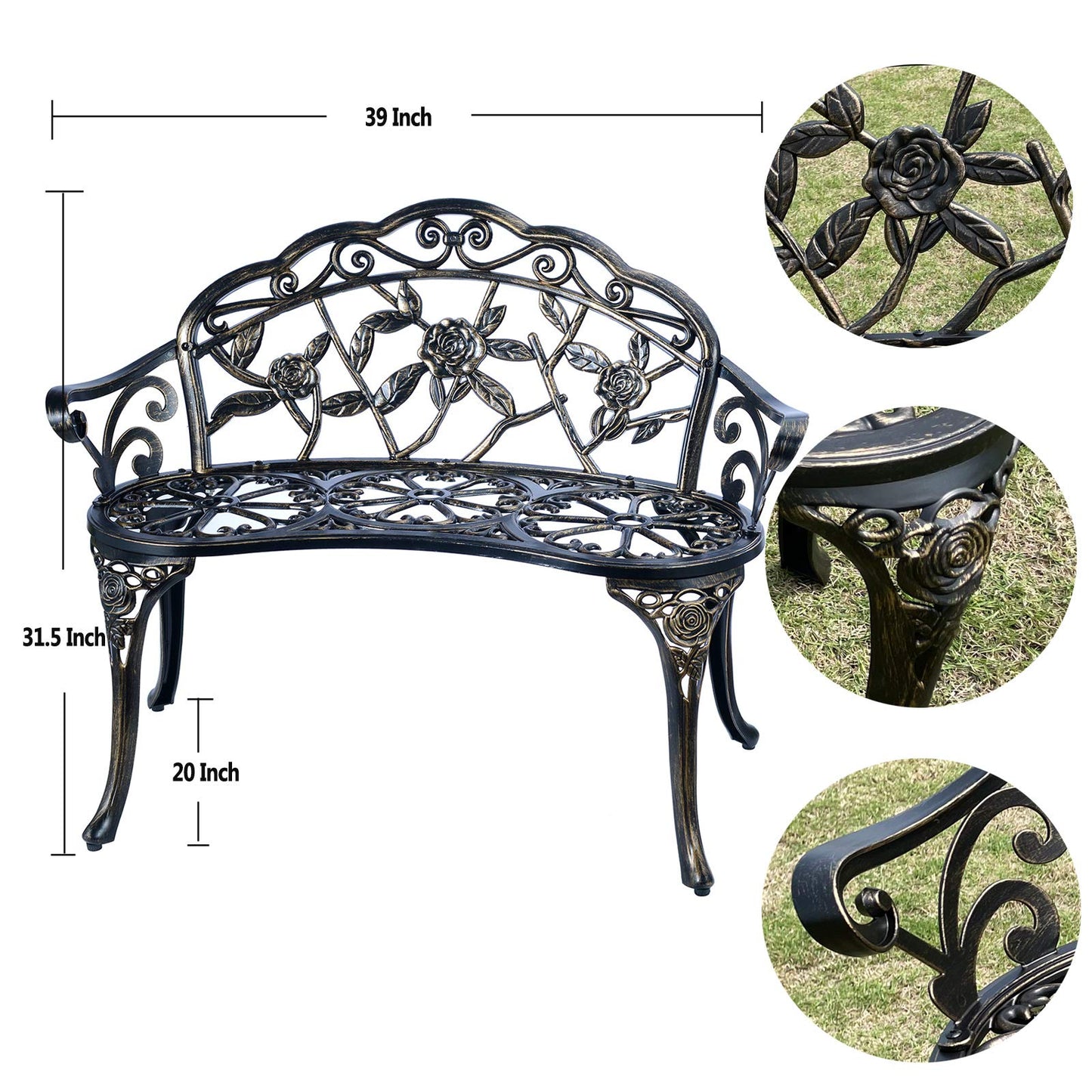 Mandolin Outdoor Park Garden Chair,All Chair Anti Rust Cast Aluminum Patio Yard Bench,Carved Rose Loveseat Bench for Backyard .Porch.Balcony.Lawn (Copper)