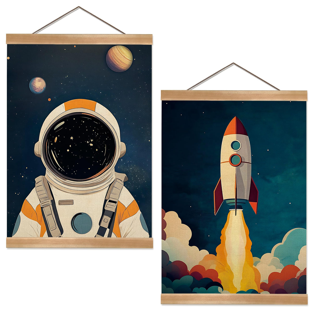 Astronauts and Rockets Poster Wall Art set of 2, Universe Wall Decor Wood Hanger, Spaceship Classroom Decor, Outer Space Planets Poster for Boys and Girls Nursery, Bedroom, Playroom, Toddler Room Decoration (Space travel-02)