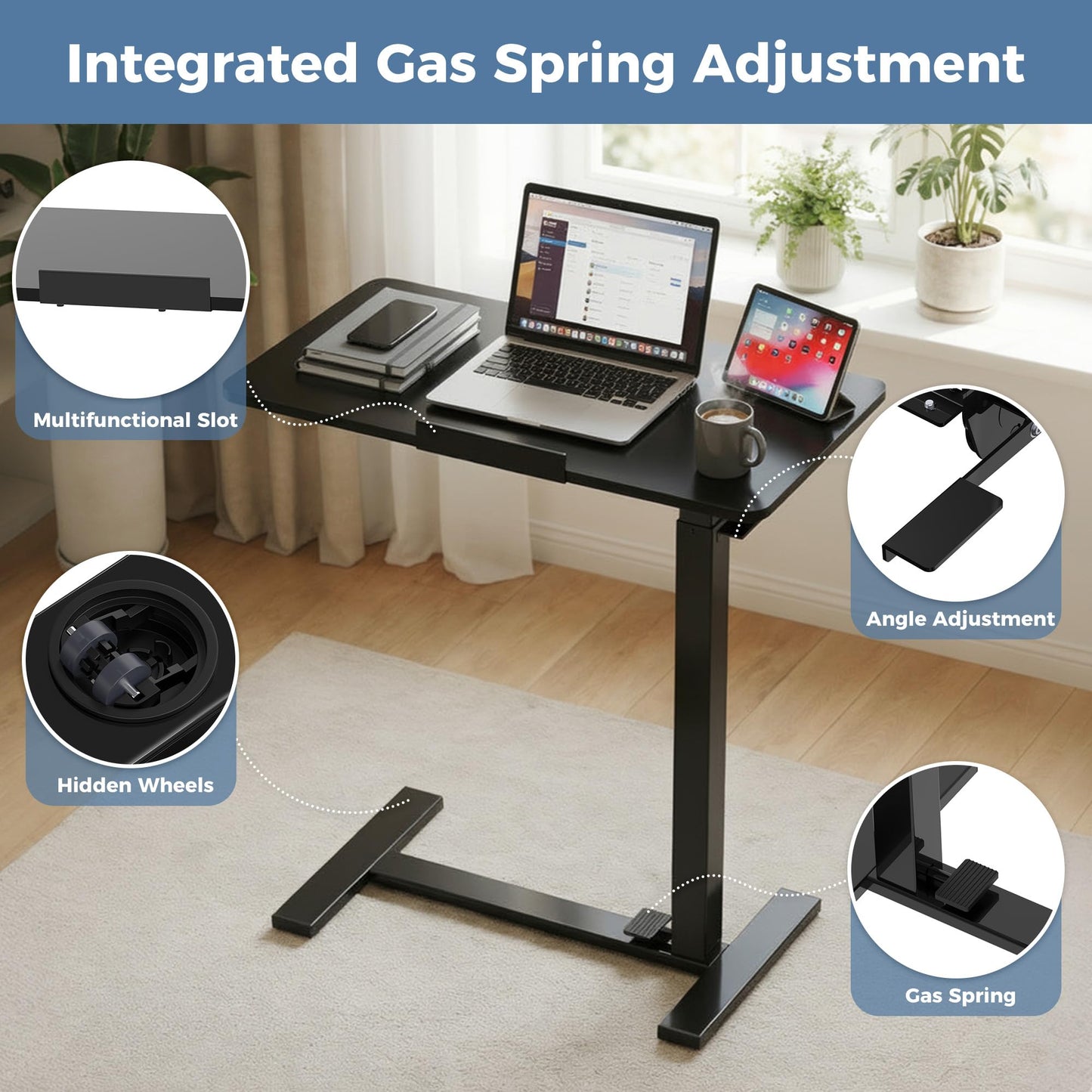 DUMOS Mobile Standing Desk, Height-Adjustable Computer Cart with Pneumatic Lift, Portable Computer Workstation Cart for Bed, Couch, Office, Sofa, Black