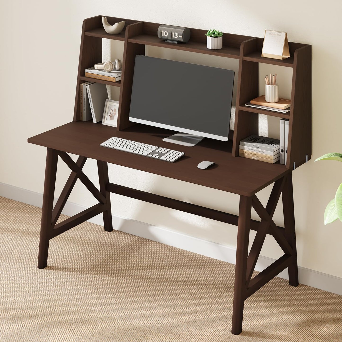 NELYE Solid Wood Desk with Bookshelf, Computer Writing Table for Monitor and Home Office, Modern Compact Workstation in Walnut, 48" W x 24" D
