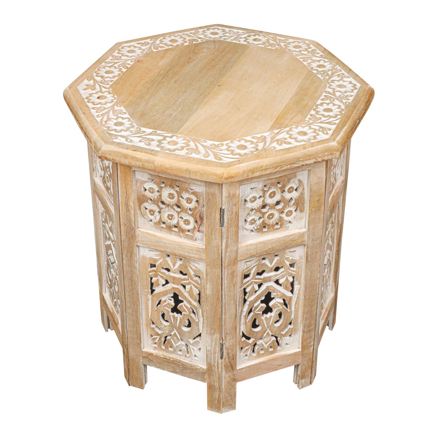 The Wooden Town Side Tables– Hand Carved Vintage Boho Folding End Tables for Living Room, Entryway, Living Room, Bedroom – No Tools Assembly, 18"x18" Octagon, White wash Finish