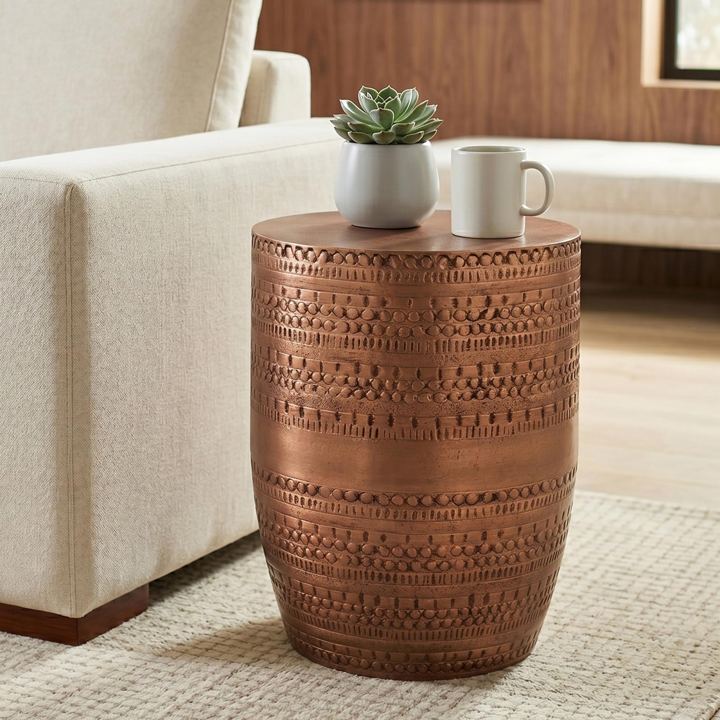 SIMPLIHOME Johnsen Metal Table - 15" Wide x 20" High Solid Iron Drum Accent Table in Burnished Copper with Tribal Pattern, Round Boho End Table for Living Room or Home Office, Fully Assembled