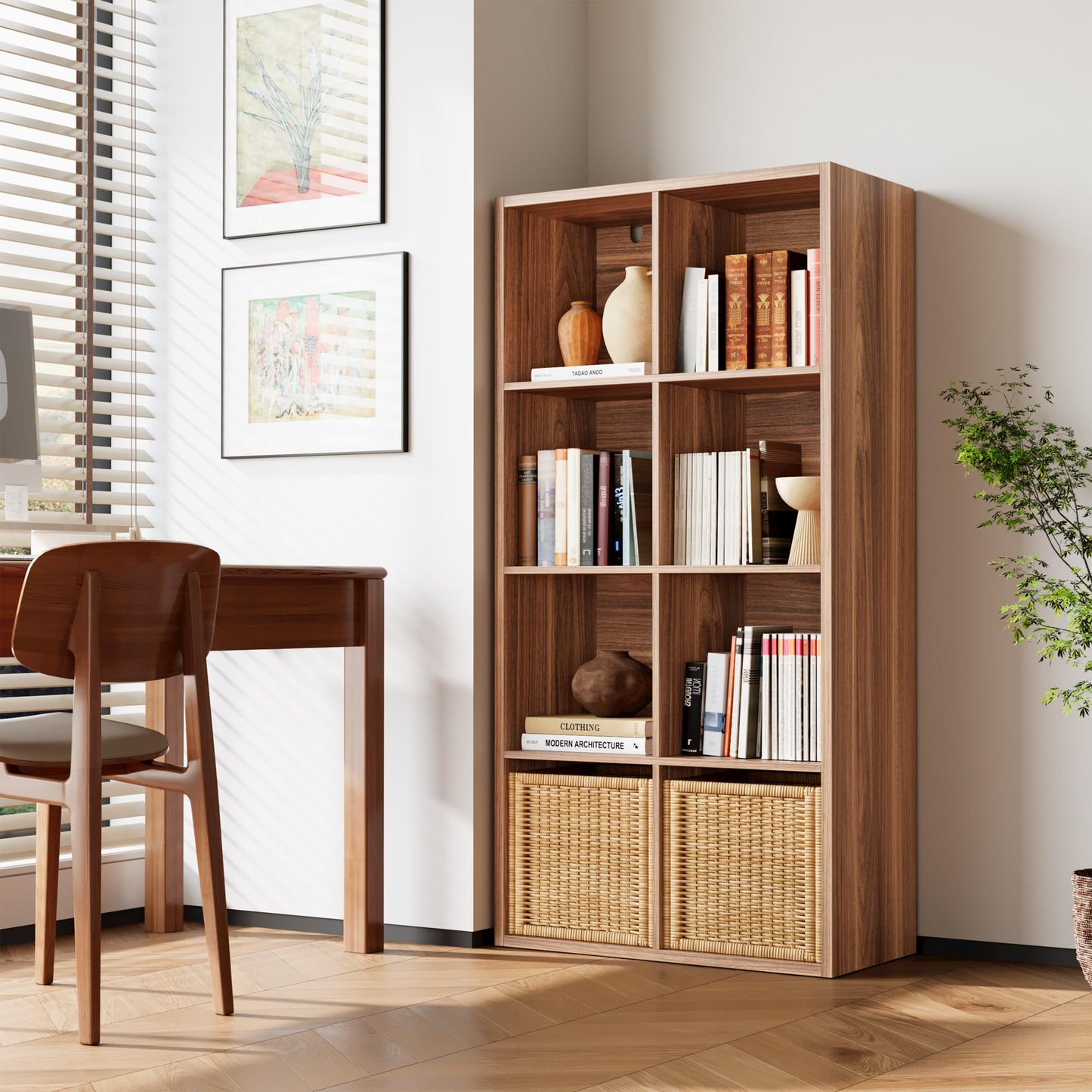 IRONCK Bookshelf, 8-Cube Storage Cube Shelf Organizer, Extra Thick Frame Horizontally & Vertically Reversible Bookcase with Open for Living Room, Bedroom, Home Office, Oak Brown