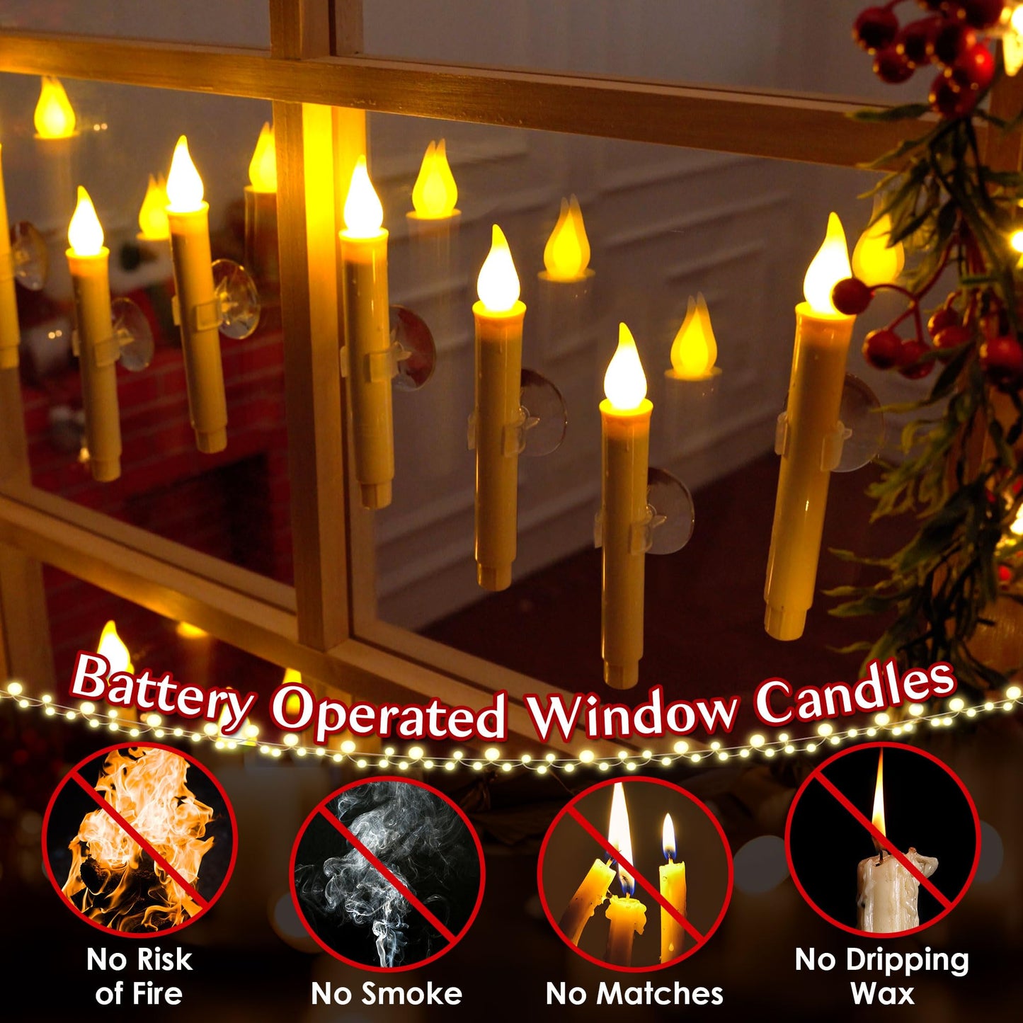 Enhon 18 Pcs Battery Operated Window Candles, Ivory LED Christmas Window Candles with Sensor Dusk to Dawn, Cordless Flameless Taper Candlestick with Battery & Suction Cup for Xmas Wedding Decorations