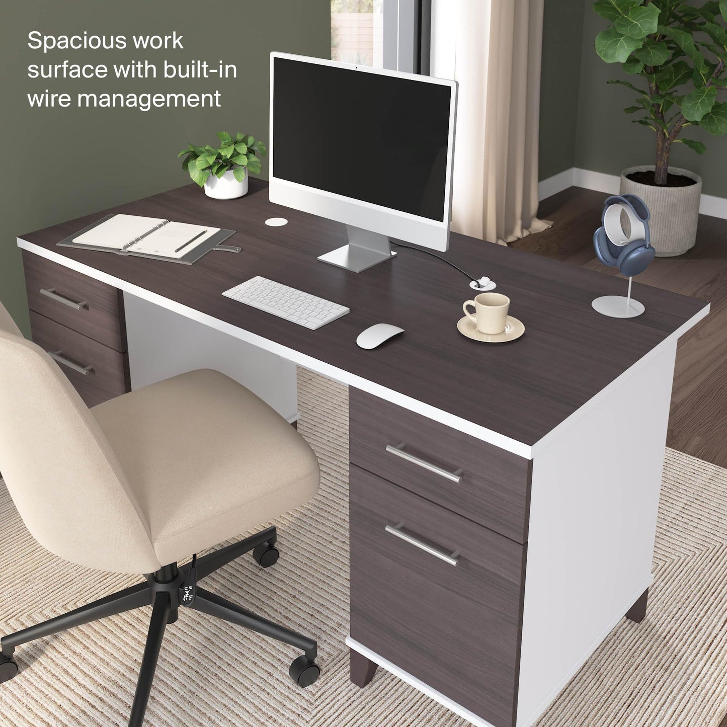 Bush Home 60-Inch Office Desk with Drawers, Computer Desk with File and Box Drawers, Home Office Workstation with Storage Cabinet, Writing Desk Furniture, Somerset Collection, Storm Gray and White