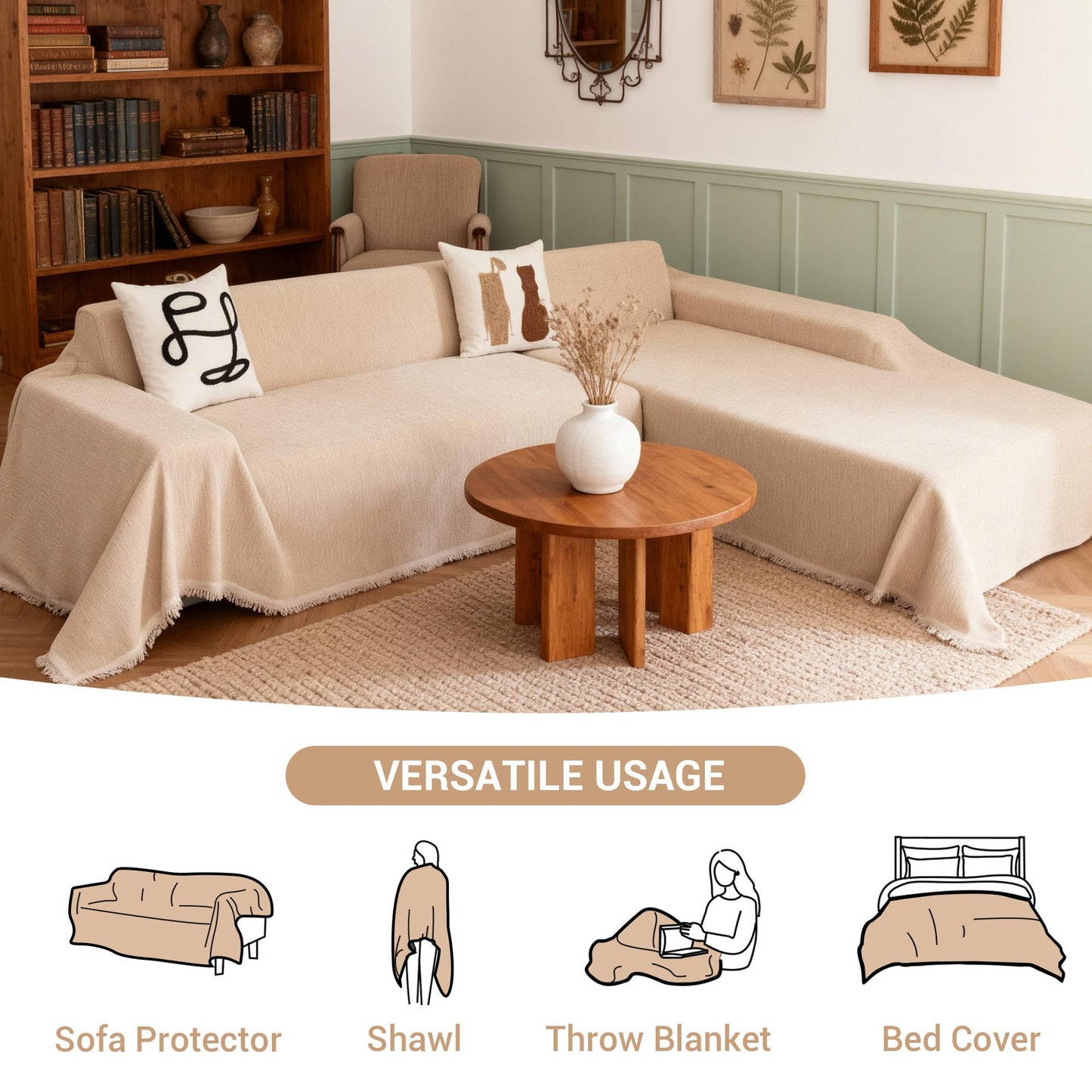 MYSKY HOME L-Shaped Sectional Couch Covers, L Shaped Couch Cover, 2 Pieces Washable Sofa Slipcovers Pet Furniture Protector, Sofa Covers Blanket for 3-4 Cushion Couch (71"x118"+91"x134", Khaki)