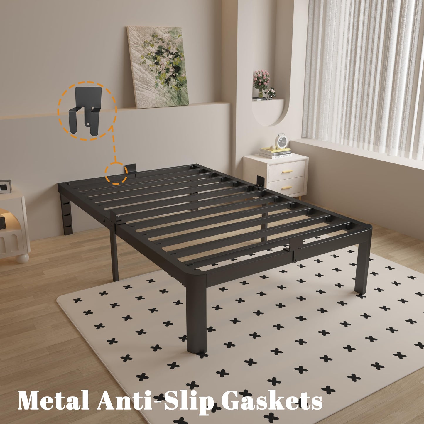 KOSOSO 16 Inch Twin Bed Frames with Metal Baffles, Black Twin Metal Bed Frame No Box Spring Needed, Heavy Duty Steel Supprt to 3500LBS, Rounded Corner Design, Noiseless, Easy Assembly