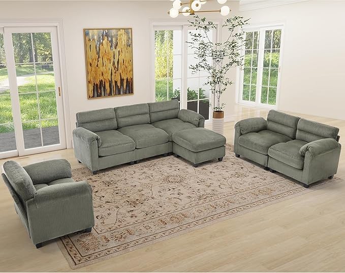HAOMARKETS Corduroy 4-Piece Sofa Set, Upholstered Ottoman Set of 2, Loveseat