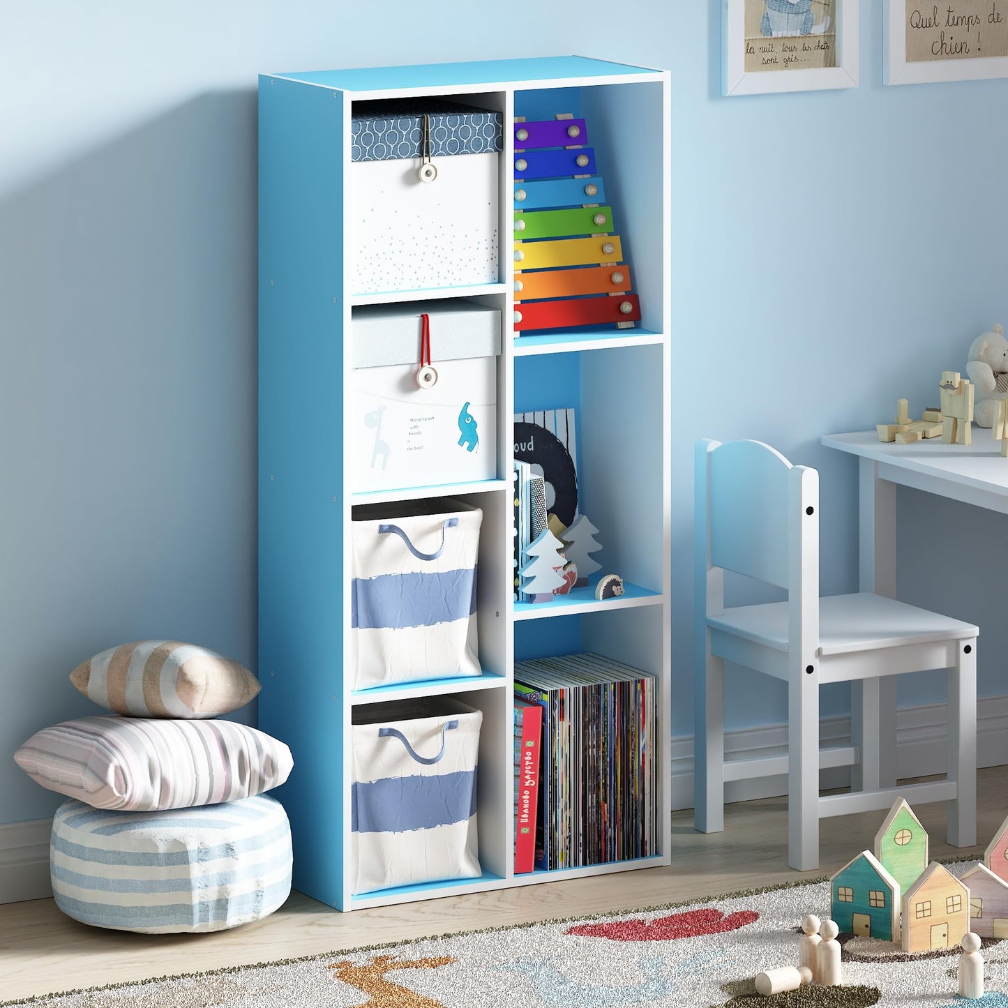 Furinno LUDER Book Shelf, 7-Cube Bookshelf, Bookcase with Open Shelves, 9.4 x 19.5 x 41.7, Easy Assembly, for Living Room, Bedroom, Home Office, White/Light Blue