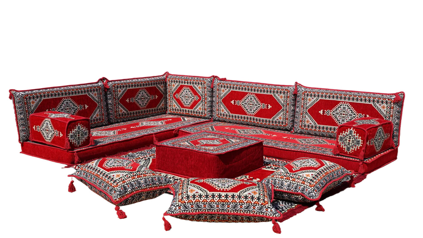 L Shaped Arabic Floor Cushions, Sectional Sofas, Arabic Majlis Set, Custom Made Sofa, Arabic Sofa Set, Seating Cushions (4'' Thickness Sofa, L Sofa Full Set, Red)