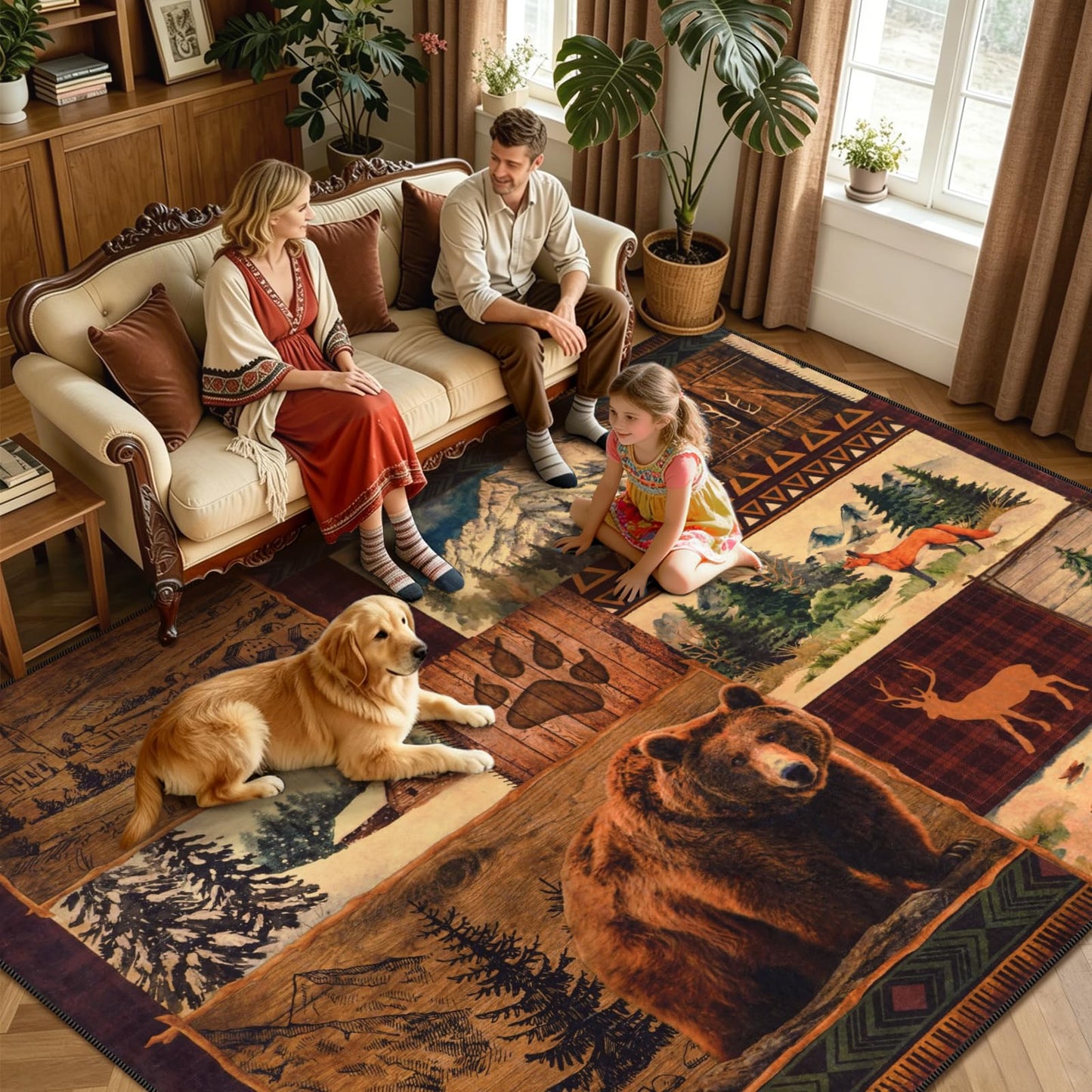 ASPMIZ Extra Large Rustic Area Rugs 8x10 Non-Slip Washable — Buffalo Plaid Log Cabin Bear Deer Fox Design, Vintage Soft Faux Wool Carpet Rugs for Living Room Dining Room
