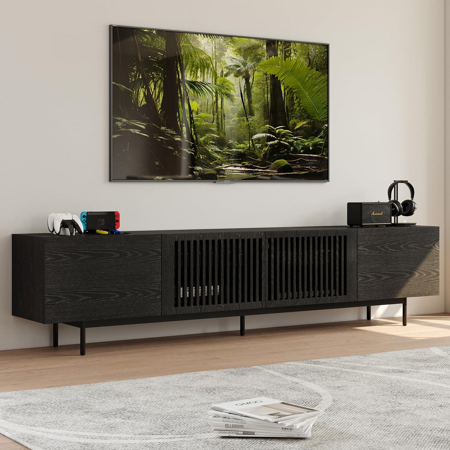 POVISON Full Assembled Mid-Century Modern TV Stand with Slatted Doors, Wood Media Console for 80 85+ Inch TV, TV Console with Tall-cast Metal Legs, Entertainment Center with Storage for Living Room