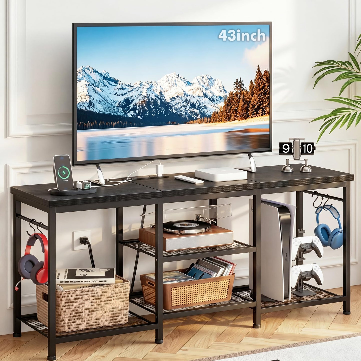 YGEOMER TV Stand for Tvs Up to 55 Inch, Entertainment Center with Power Outlet and Open Storage Shelves, TV Console Table for Living Room Bedroom, Black