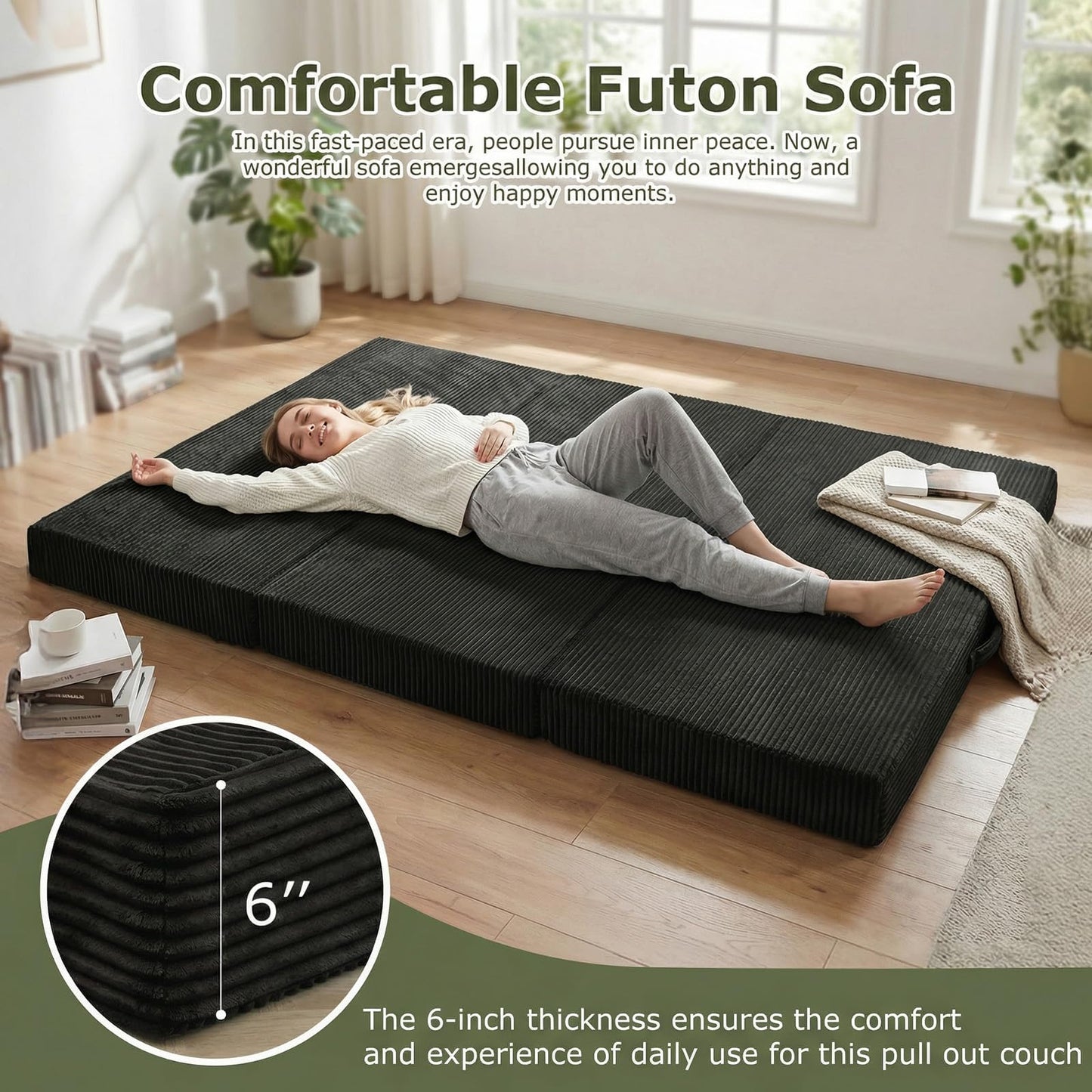 NLDD 5-in-1 Convertible Sofa Bed, Boneless Couch Loveseat with Removable Cushions & Washable Cover, Futon Sofa Bed with Handle, Pull Out Couch for Small Spaces, Queen Size, Black