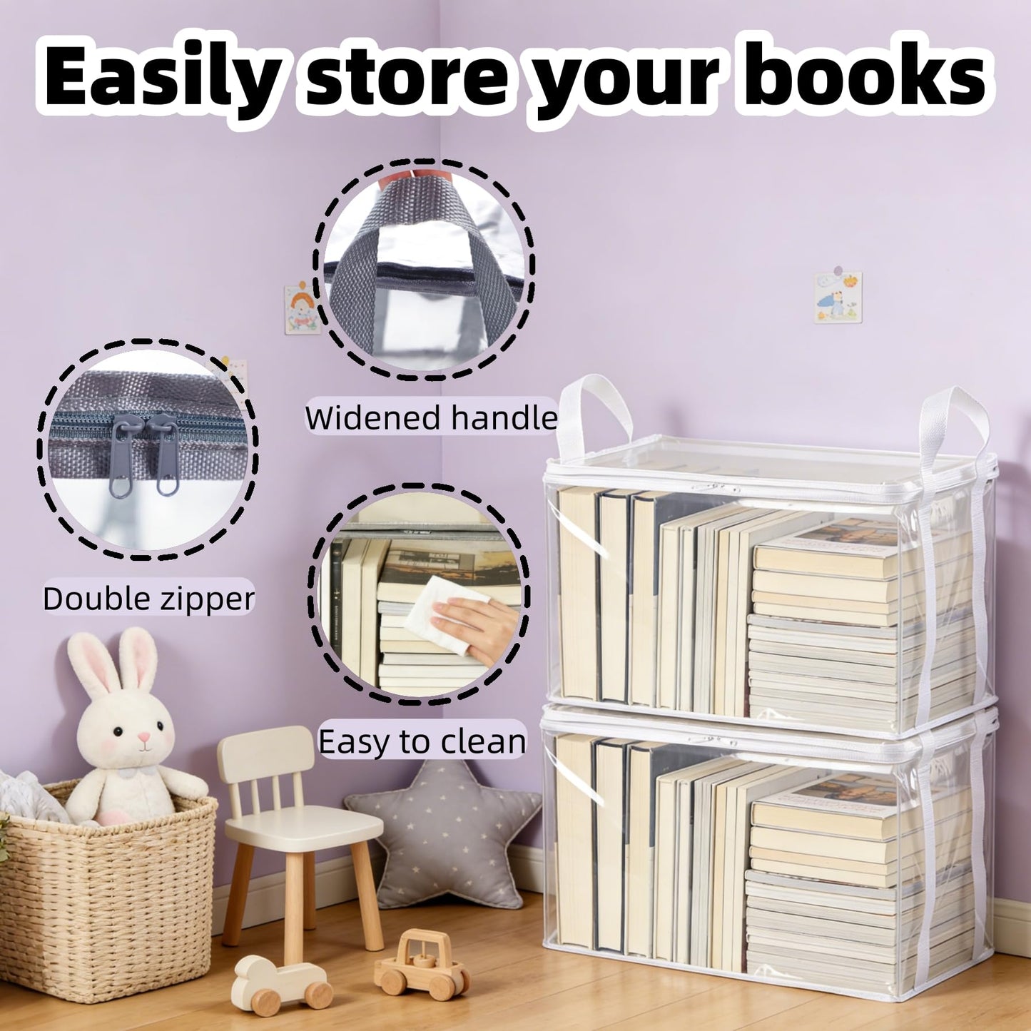 Clear Book Storage Bag with Reinforced Handles - Heavy Duty Plastic Comic Book Organizer & DVD Storage Bin - Collapsible Media Tote with Zipper Lid for Books, Journals and Albums - 15" x 9.5" x 12.5"