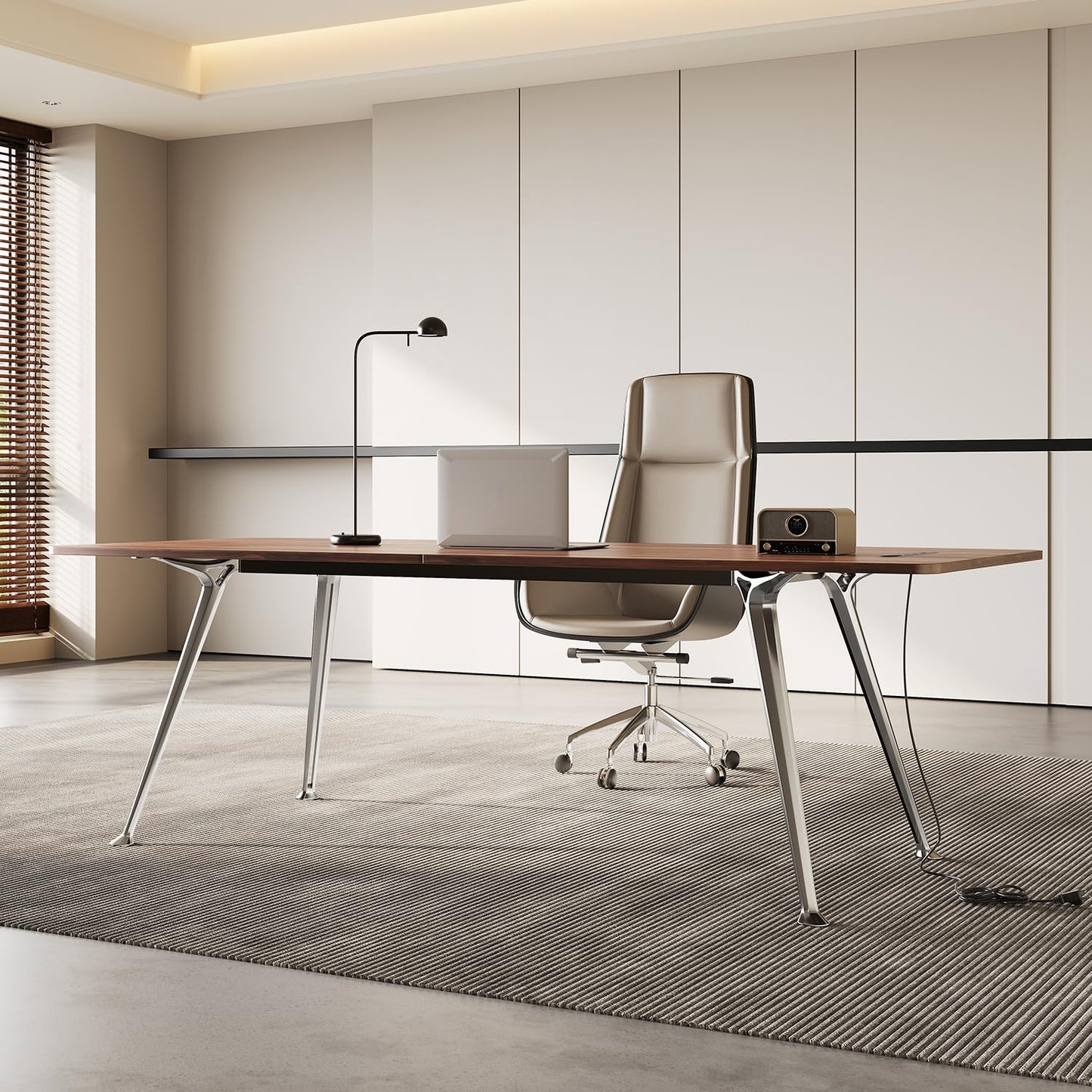 60-Inch Executive Desk, Modern Desk for Home Office, Wooden Study Writing Work Table with Power Outlets and USB-C Port, Large Legroom, Sturdy Metal Frame, Mid-Century Modern Simple, Walnut Brown