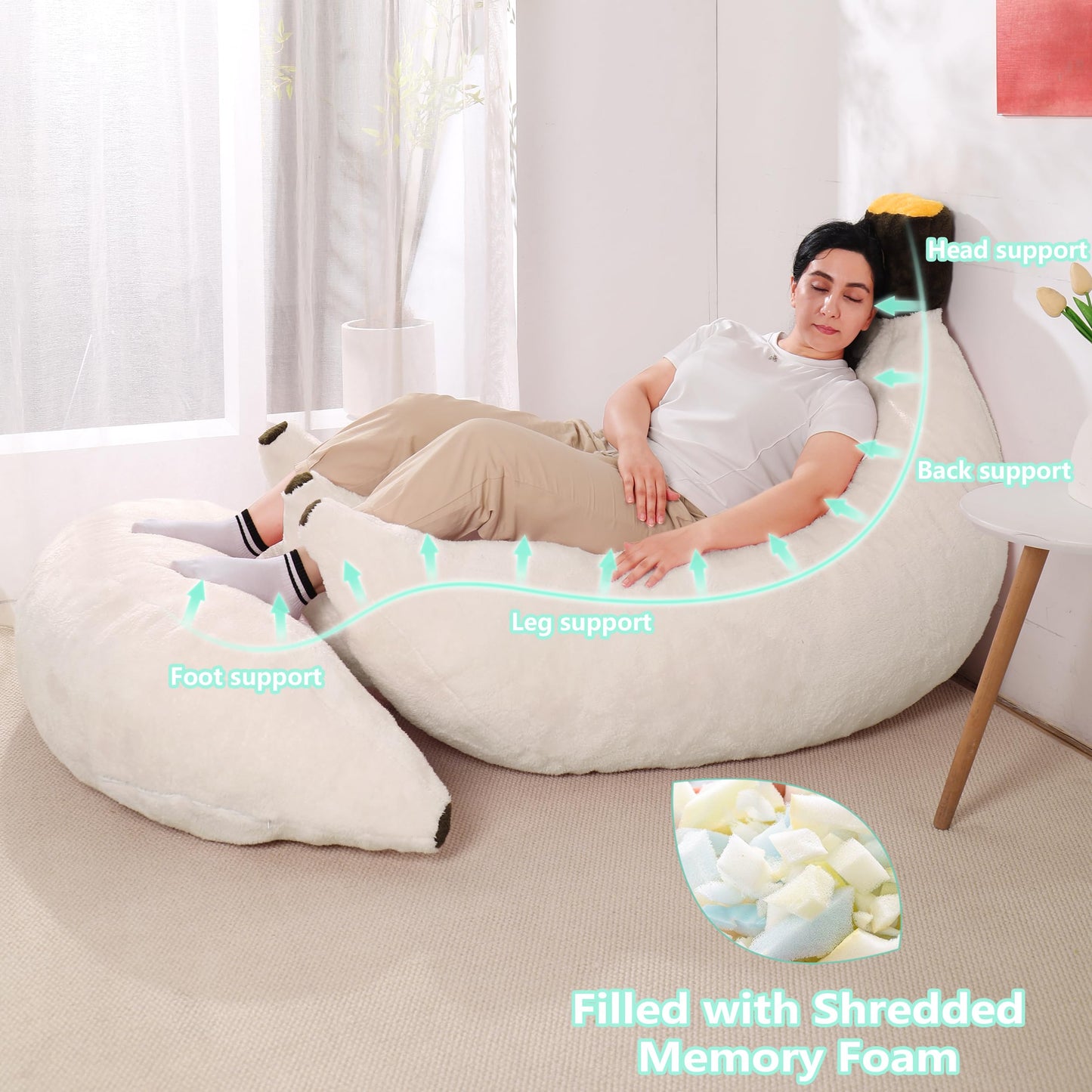 IEVENW Banana Bean Bag Chair with Ottoman, Floor Sofa Bed with Footrest, Comfy Convertible Lounger for Adults, Plush Couch for Bedroom, Living Room or Dorm, L-Cream