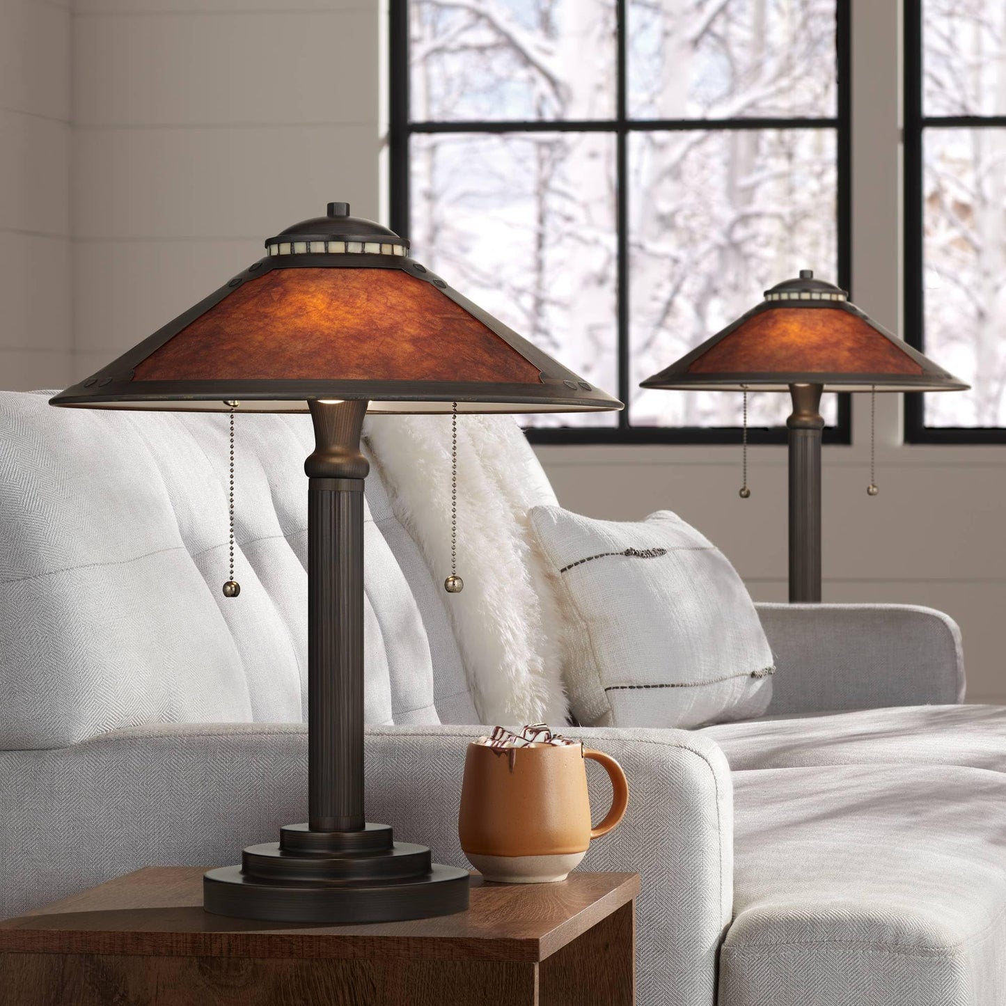 Robert Louis Tiffany Mica Collection Mission Tiffany Style Desk Table Lamps 18 1/2" High Set of 2 Art Deco Rustic Rubbed Bronze Natural Mica Shade for Bedroom House Bedside Nightstand Home Office