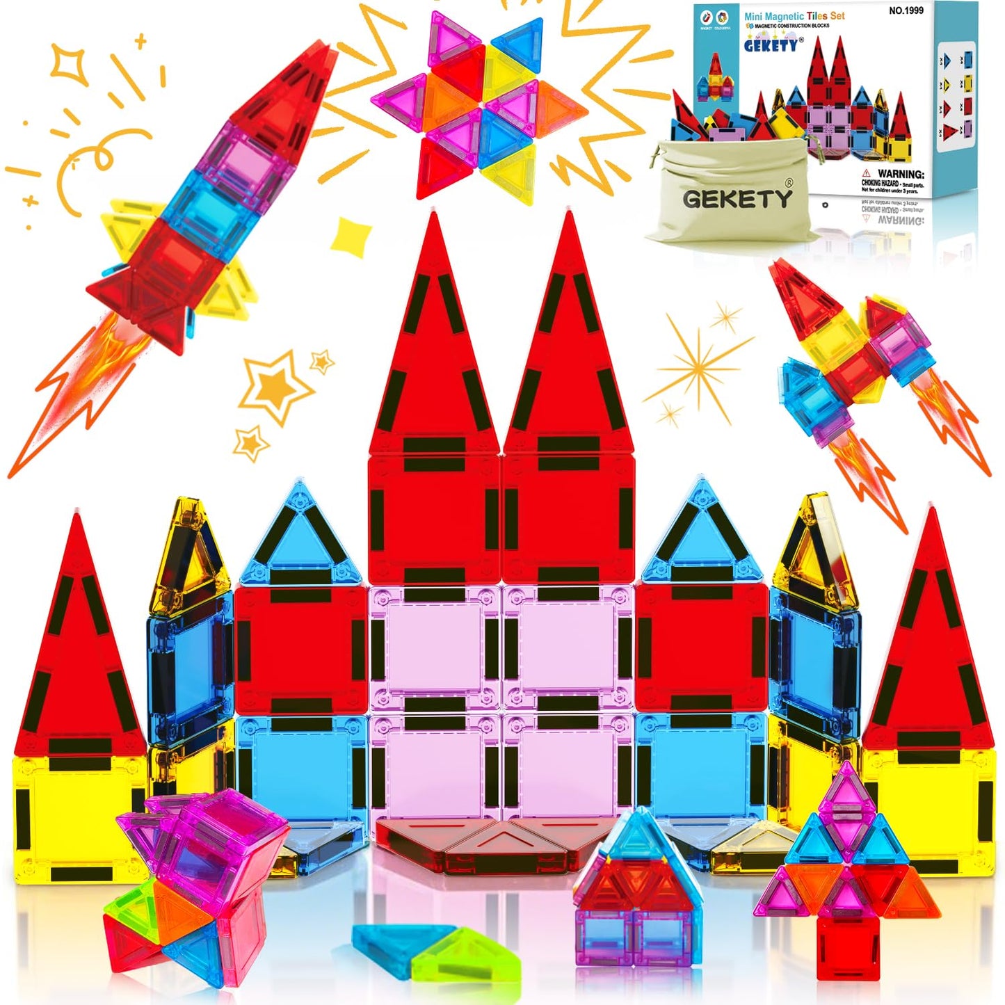 Mini Magnetic Tiles for Kids, Magnetic Building Set, Construction STEM Travel Toys for Boy Girl Ages 3+, Montessori Preschool Learning Educational Sensory Magnet Creative Toy Gift for Toddlers, 32 Pcs
