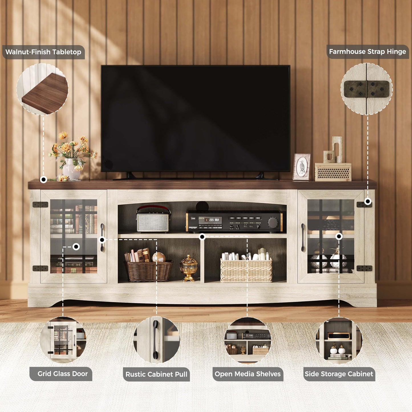 IRONCK Farmhouse TV Stand for 75 Inch TV, Rustic Entertainment Center with Storage Cabinets & Open Shelves, Grid Glass Doors, Media Console for Living Room, Bedroom(Light Oak & Walnut)