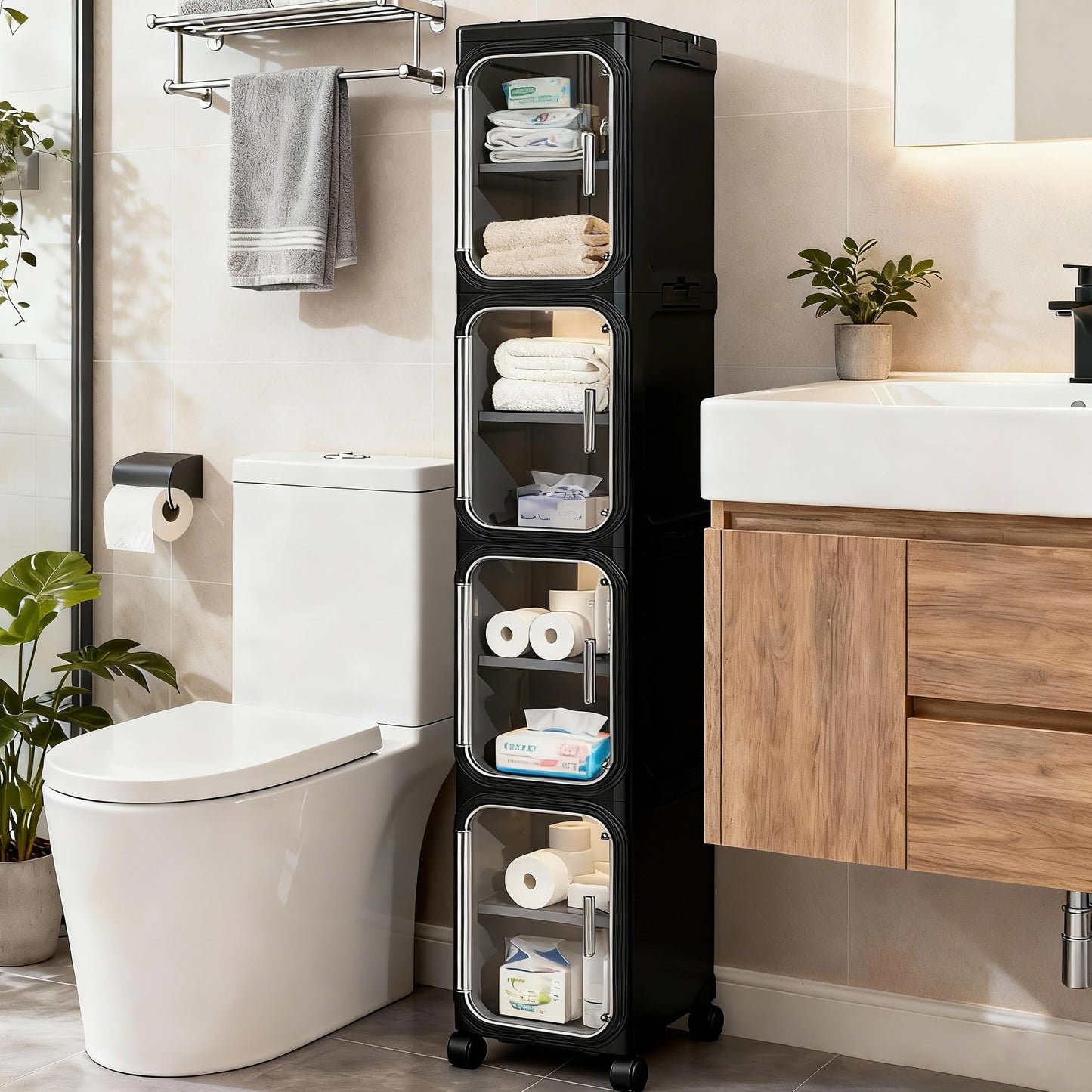 Lifelongpal 4-Tier Tall Narrow Slim Bathroom Storage Cabinet, Black