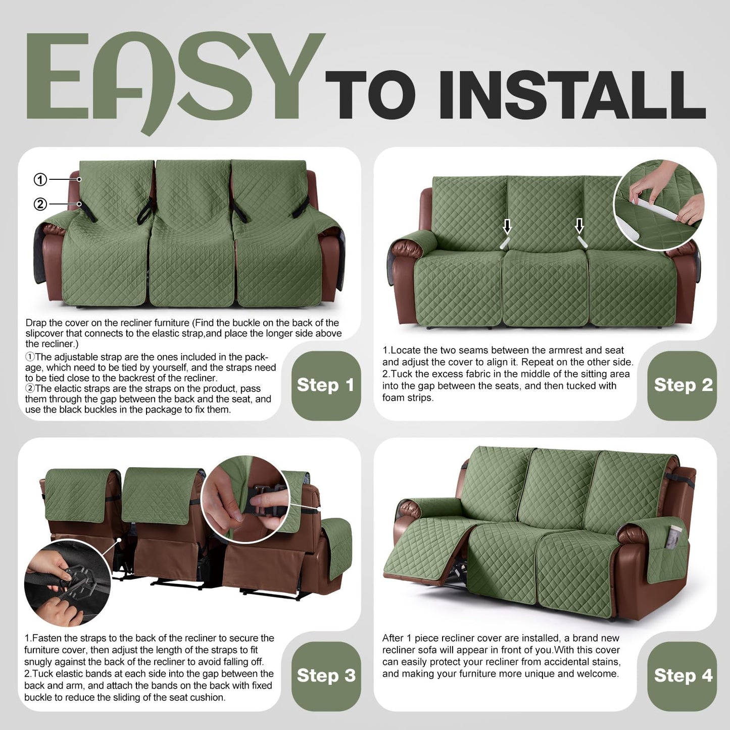 KinCam Waterproof Recliner Sofa Cover, Non-Slip Reclining Couch Covers for 3 Seat, Recliner Couch Cover Furniture Protector with Elastic Straps for Pets, Kids, Cactus Green
