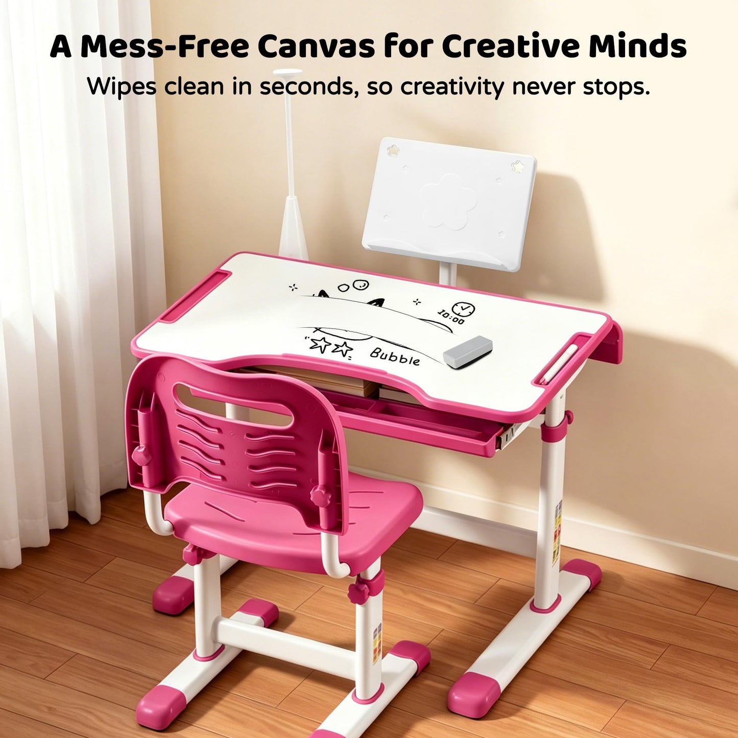 Diroan Kids Functional Desk and Chair Set, Ergonomic Height Adjustable Children School Study Desk with Tilt Desktop, Book Stand, LED Light, Metal Hook and Storage Drawer for Boys Girls(Pink)