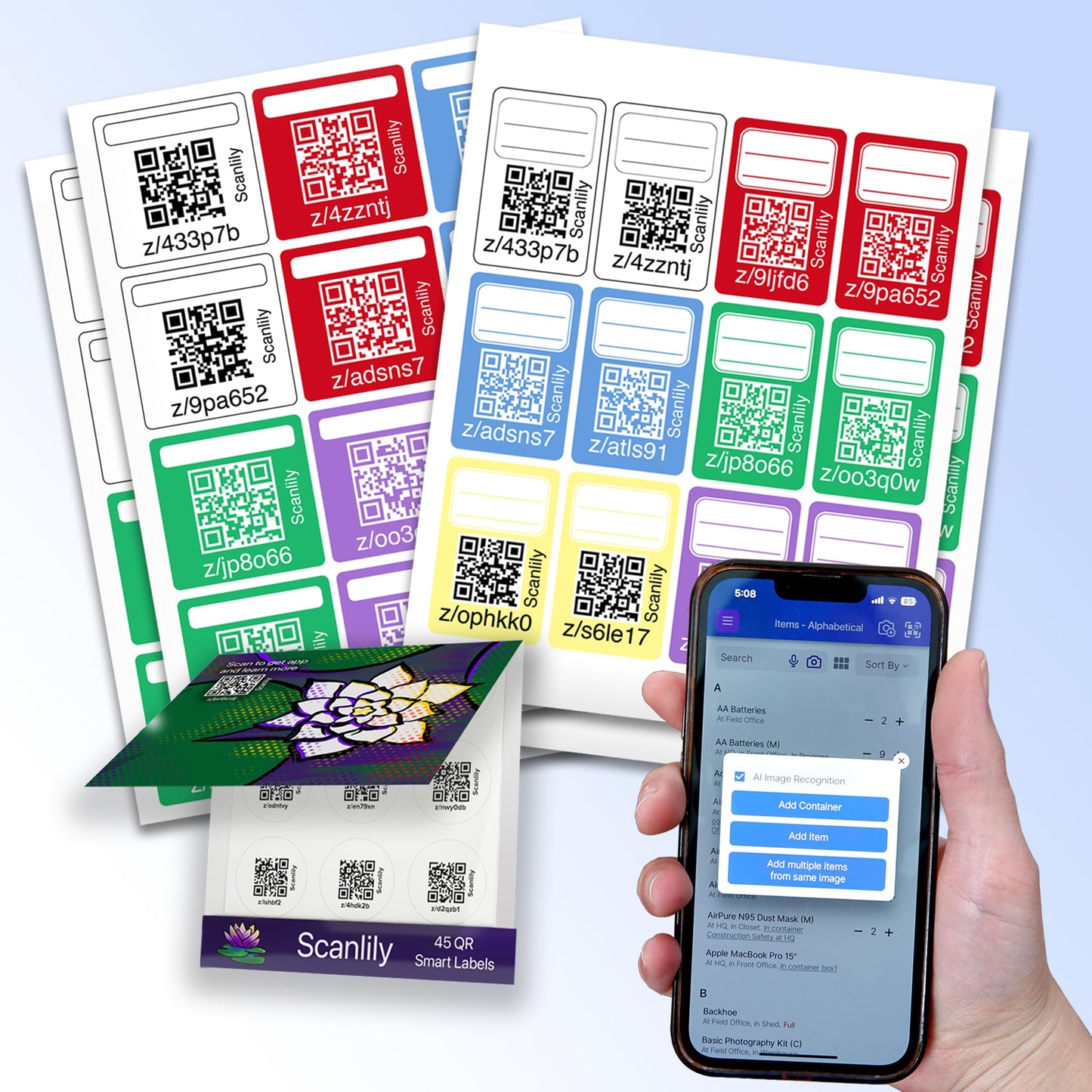 Scanlily Smart QR Label System Using AI for Storage Bins, Moving and Organization - Variety Pack - 93 Total Stickers (24 Rectangles and 24 Squares in six Colors, 45 Small White Circles)