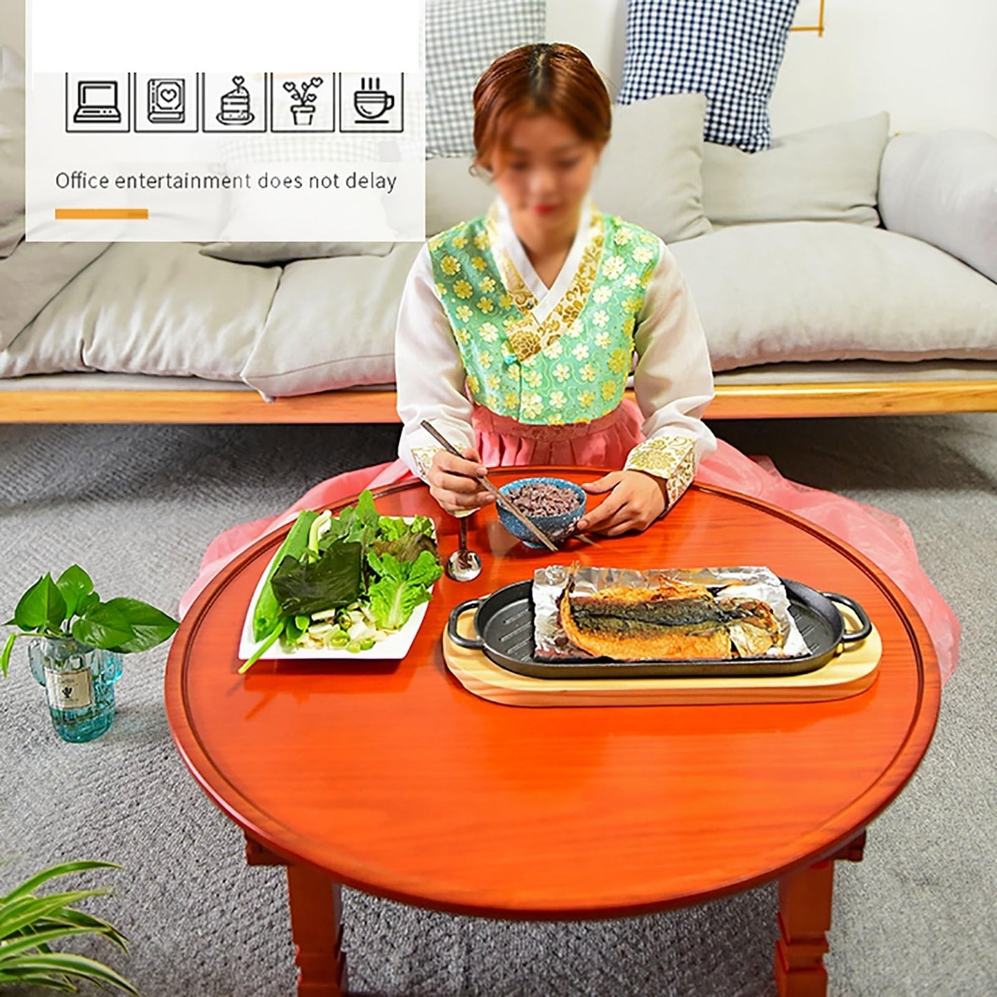 Folding Coffee Table, Rustic Wood Floor Round Table with Chinese Lucky Deer Pattern, Portable Low Dining Tables for Tatami, Living Room, Bedroom, Picnic, Red Brown (Size : 80CM/31.5IN)