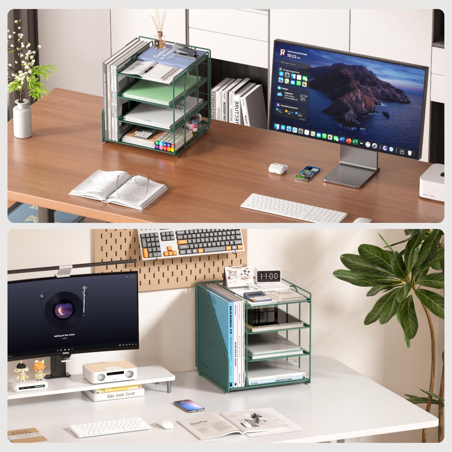 Becomrock Desk File Organizer and Accessories, 4-Tier Paper Organizer with Vertical File Holder, Office Desk Accessories & Workspace Organizers and Storage for Office Supplies (Green)