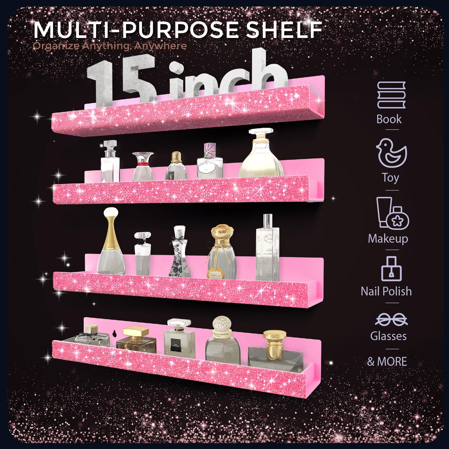 4 Pack 15 Inch Nail Polish Organizer，Diamond Crystal Rhinestone Acrylic Nail Polish Organizer，Sunglasses Essential Oil Picture Display Storage Pink