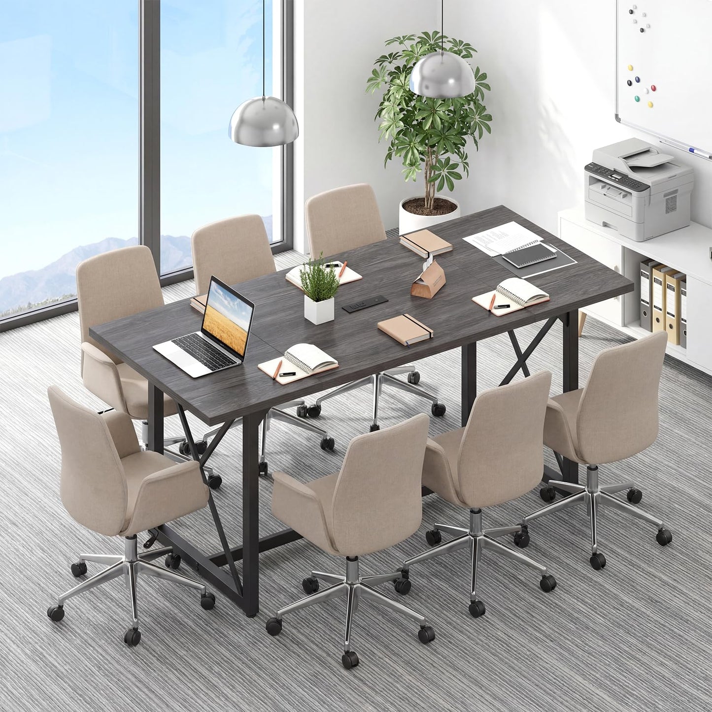 Giantex 6FT Conference Table with Power Outlets, Large Rectangle Meeting Table for 6-8 People, Modern Seminar Boardroom Table w/Stable Metal Frame, Computer Desk for Office Conference (Grey Oak,1)