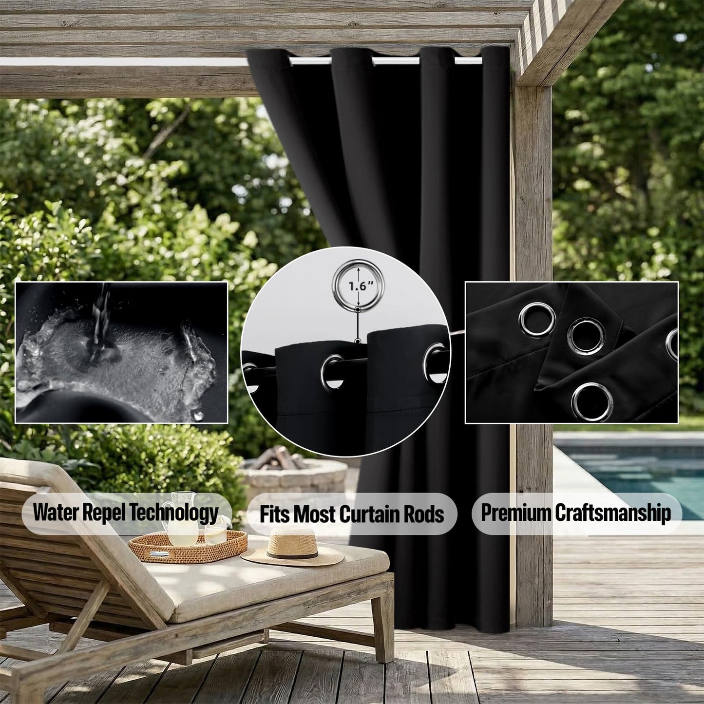Water Proof Outside Curtains with Grommet Top for Porch, W84 x L95 Thermal Insulated Washable Light Block Outdoor Divider Drapes for Patio Gazebo Deck Pool Area Pergola Cabana (Black)