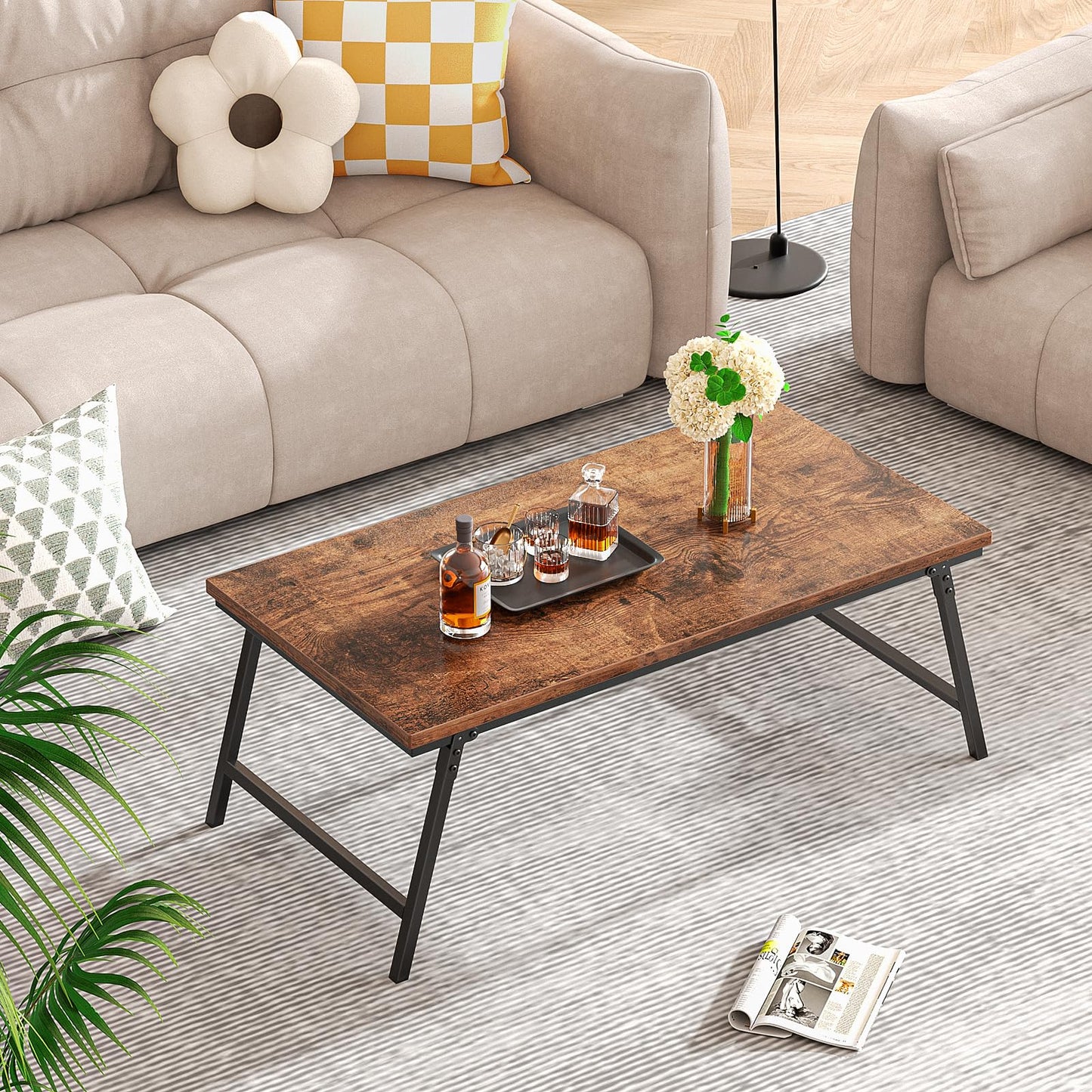 ALLSTAND Folding Coffee Table, Leg Latches Portable Sturdy Floor Table Desk for Sitting on The Floor, No Assembly Low Coffee Table for Living Room, Home, Office, Rustic Brown, 41.34L×21.65W×15.75H