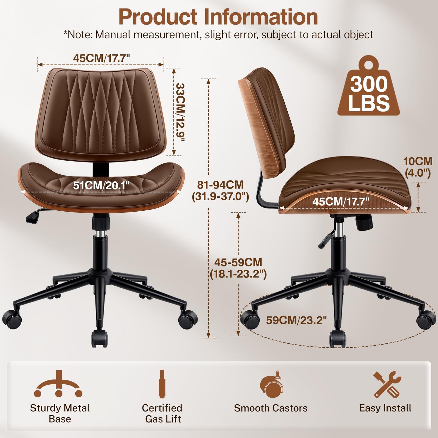 Ergonomic Armless Office Desk Chair - Mid-Century Modern Khaki Faux Leather with Diamond Stitch, Adjustable Height Swivel Rolling Task Computer Chair with Walnut Accent for Home Office, Study & Work