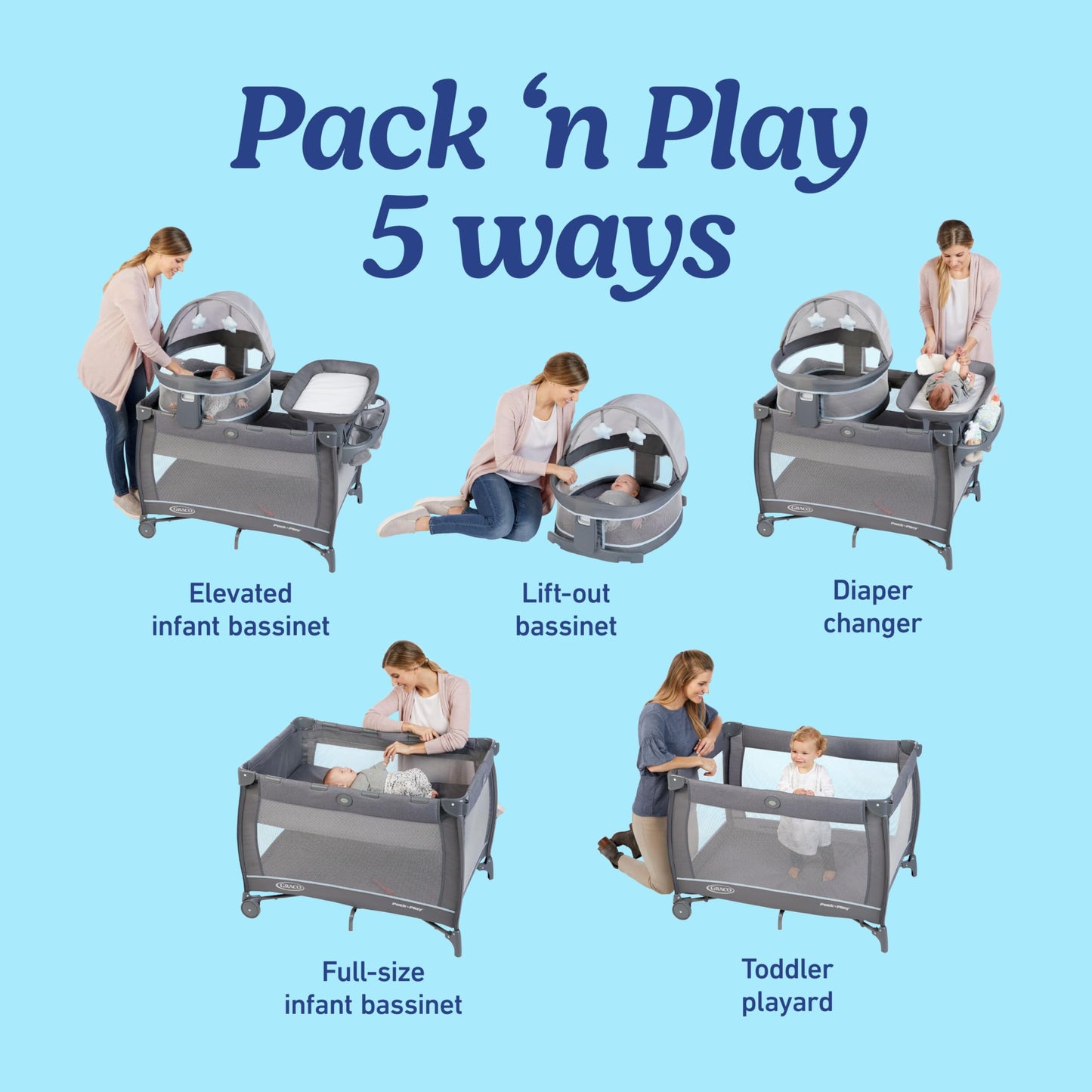 Graco® Pack ’n Play Travel Dome Playard, Portable Bassinet with UV Canopy, Full‑Size Infant Bassinet, Diaper Changer