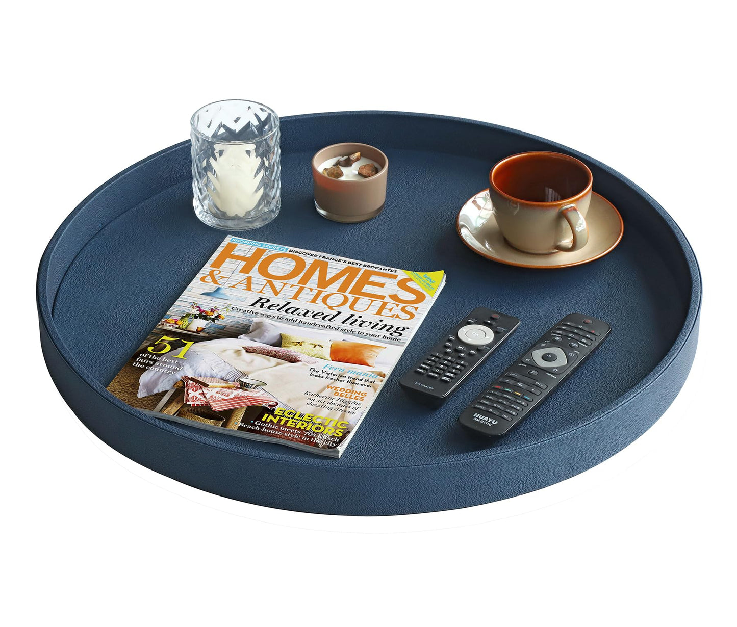 HofferRuffer Large Round Serving Tray 24'', Elegant Faux Leather Circle Ottoman Table Tray, Serve Tea Coffee Breakfast in Bedroom Living Room Kitchen (Blue)