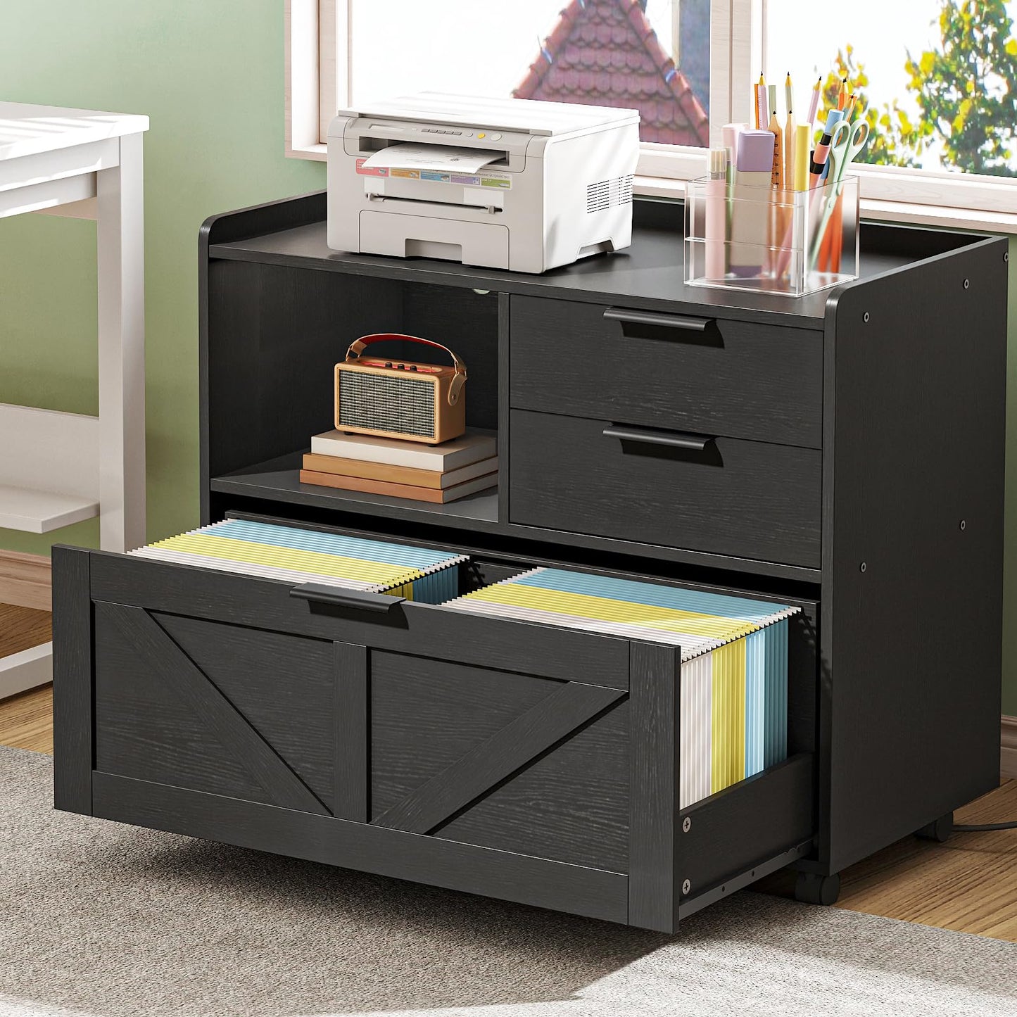 HOOBRO Lateral File Cabinet, Wooden Office Storage Drawers with Charging Station, Filing Cabinet for Home Office, A4/Letter/Legal-Sized Files, Printer Stand with Open Storage Spaces, Black BB37UWJ01