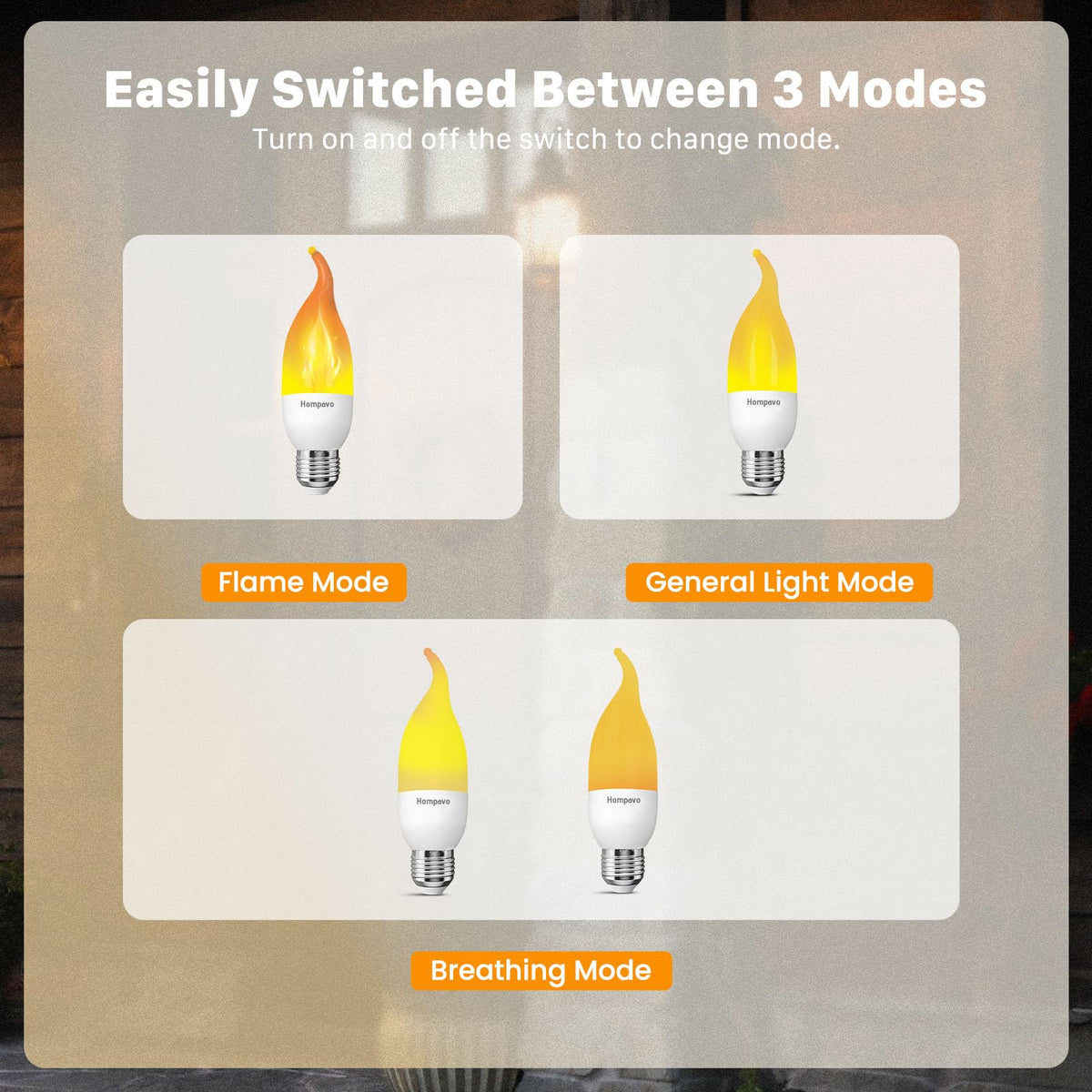 Hompavo Upgraded LED Flame Light Bulbs, 3 Modes Flickering Light Bulbs, E26 Candle Fire Light Bulb for Christmas Halloween Party Porch Indoor & Outdoor Home Decoration - 2 Pack