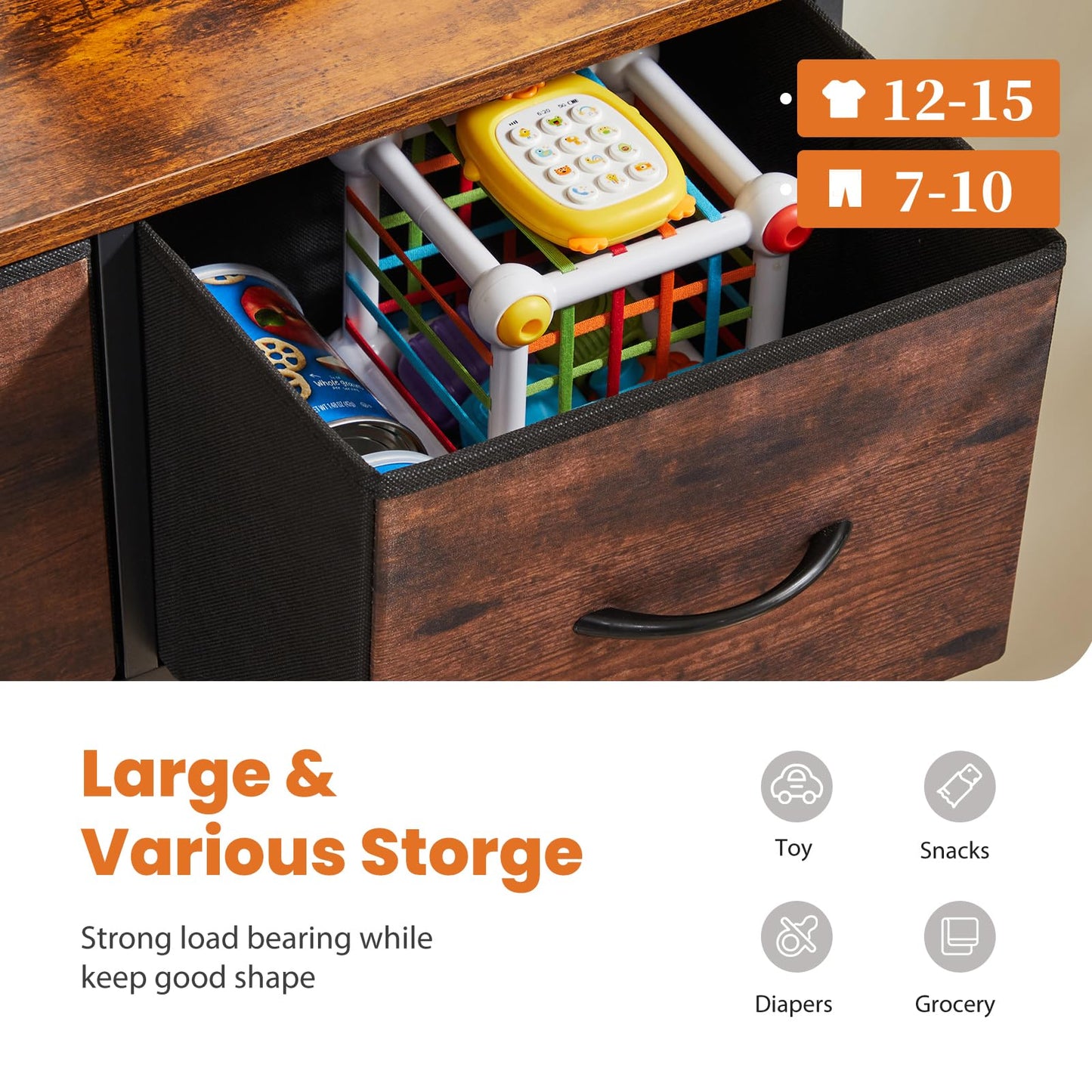 Sweetcrispy Dresser for Bedroom with 6 Storage Drawers, Fabric Storage Tower Organizer, Chest of Drawers with Metal Frame Wooden Top for Closet, Living Room, Entryway, Rust Brown