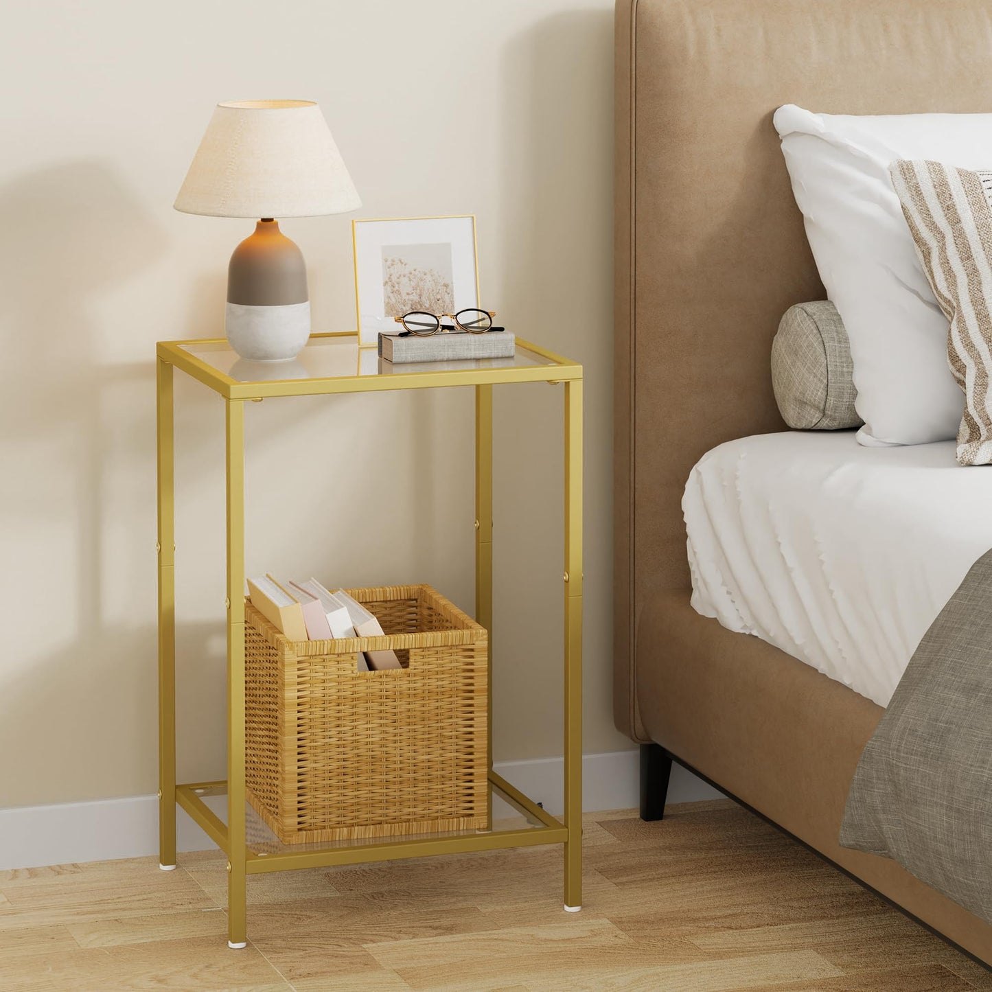 HOMSHO Side Tables Set of 2, End Tables with Tempered Glass, 2-Tier Nightstands with Storage Shelves, Coffee Table with Modern Style, Slim Sofa Table for Living Room, Bedroom, 11.8" D x 15" W, Gold