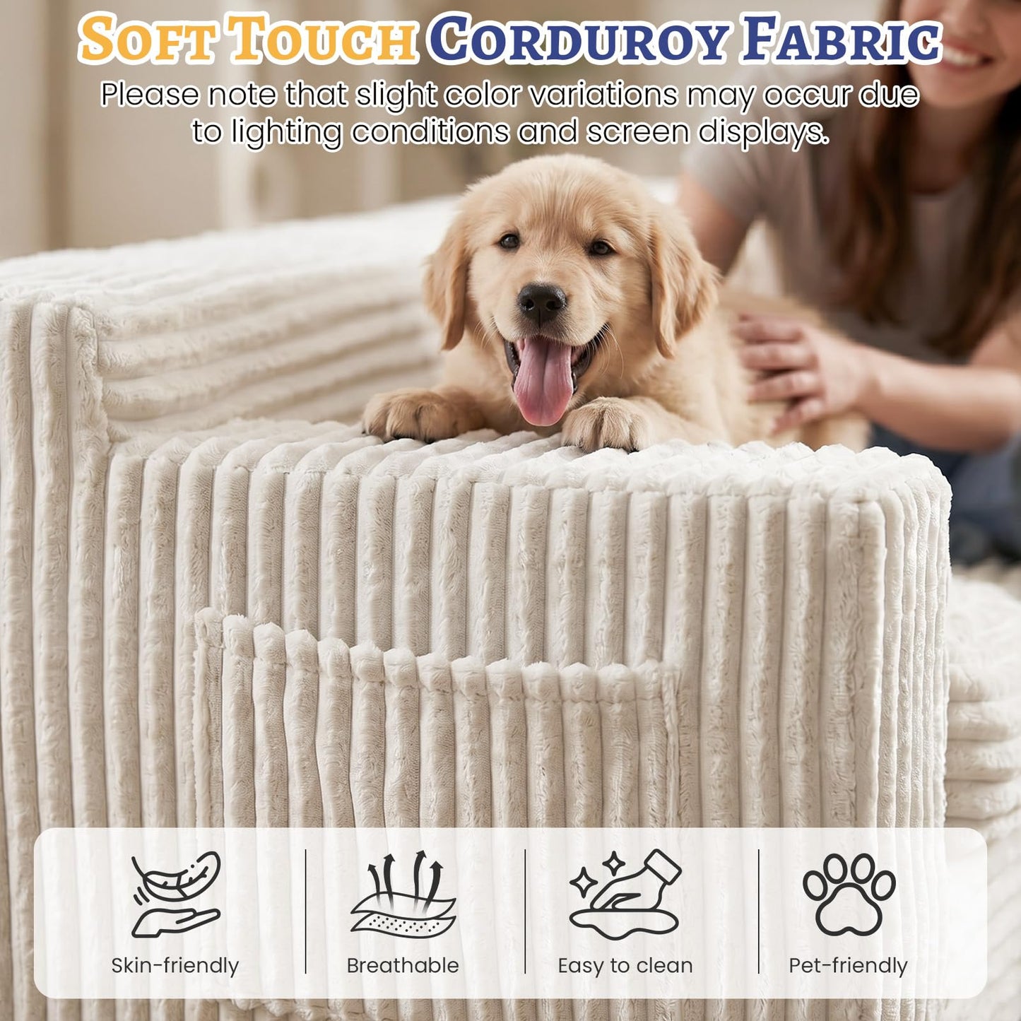 NLDD Boneless Couch, Cloud Loveseat Sofa Corduroy Couch in a Box, Upholstered Boneless 3 Seater Couch for Living Room Bedroom Office Apartment, No Assembly Required, Beige