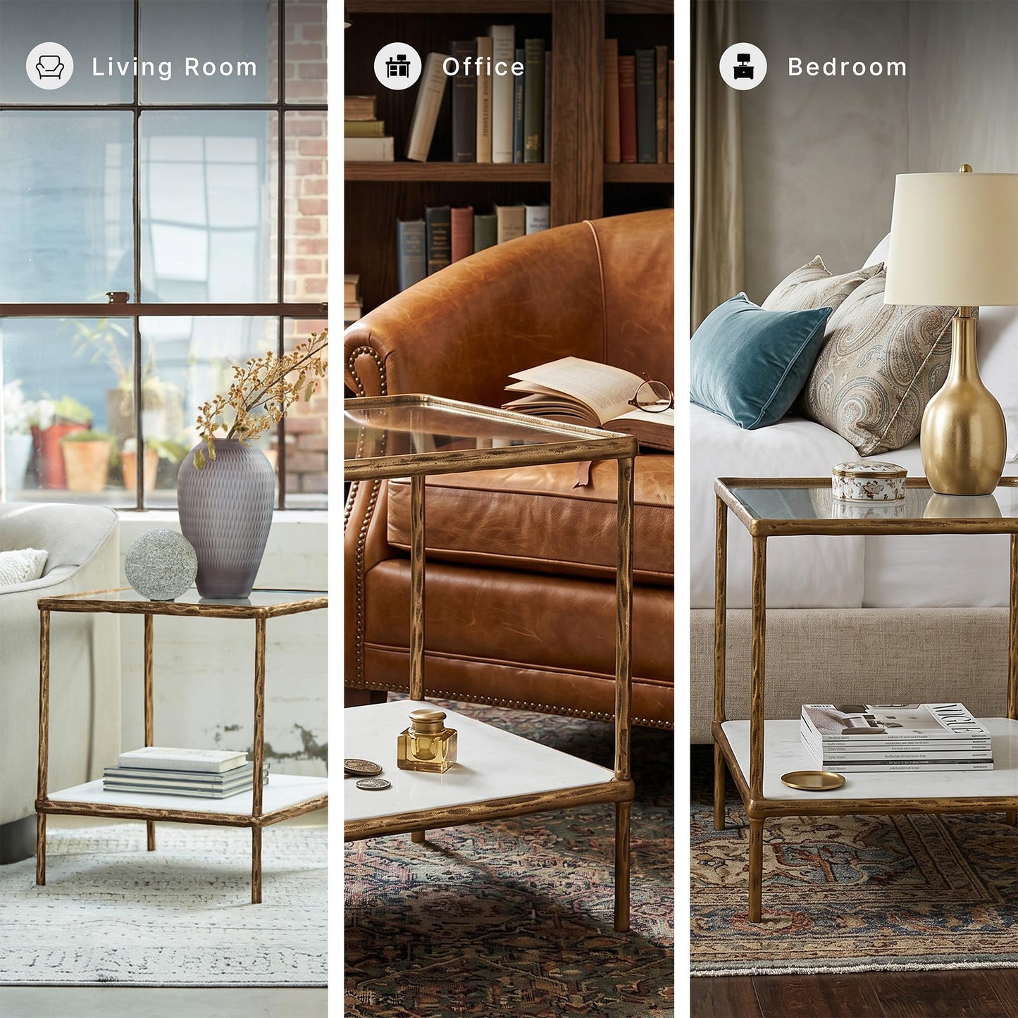 Signature Design by Ashley Ryandale Square Accent Table for Living Room, Sand‑Casted Aluminum Frame With Brass Finish, Glass Top and White Marble Shelf, 21" Size