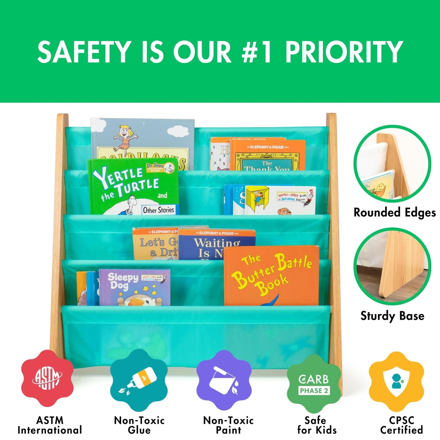 Humble Crew Kids Bookshelf, 4-Tier Front-Facing Book Display Organizer, Montessori Toddler Bookcase for Playroom, Bedroom & Reading Corner, Natural Wood/Seafoam Green