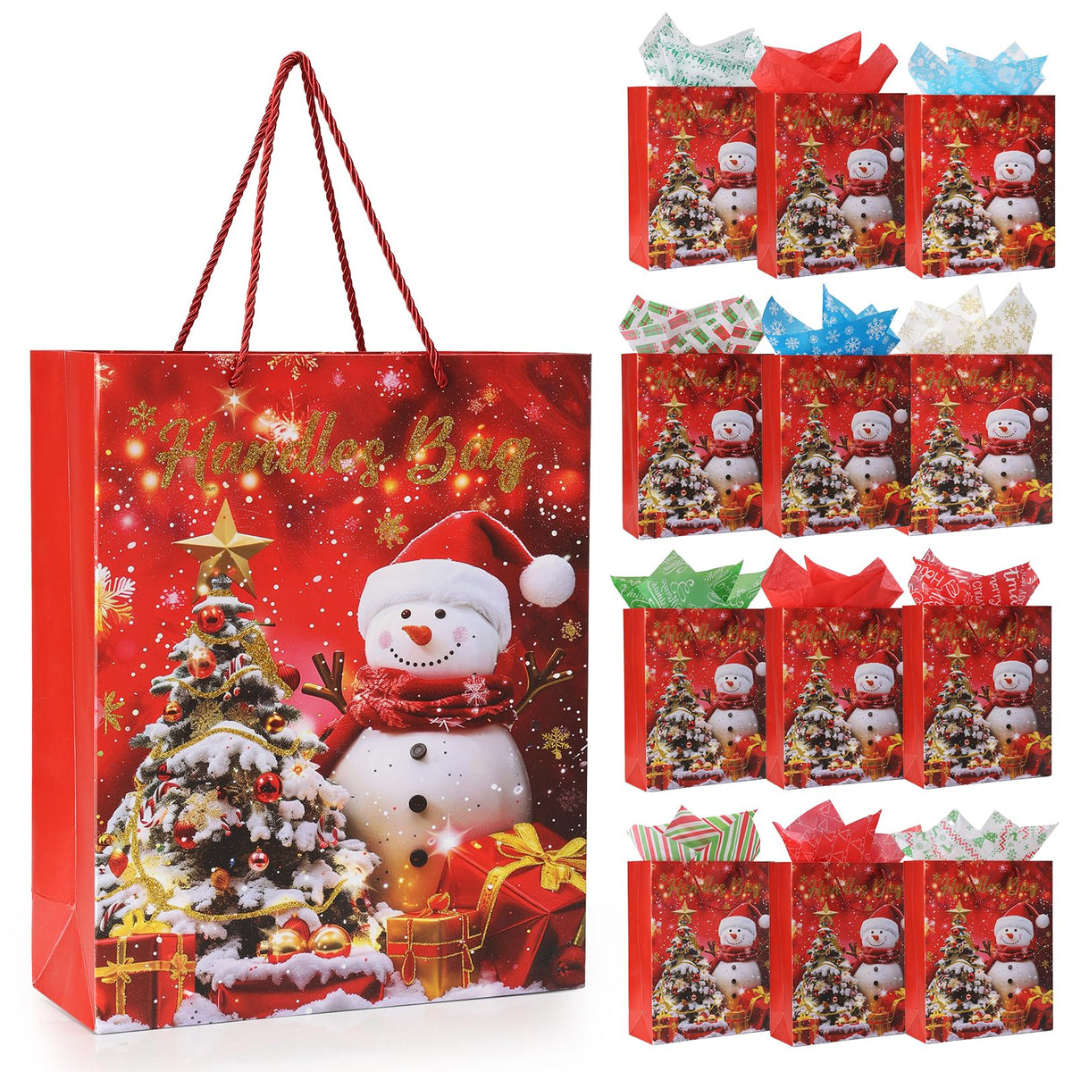 Rusikia 12 Christmas Gift Bags with 12 Tissues and 1 Satin Ribbon - Medium