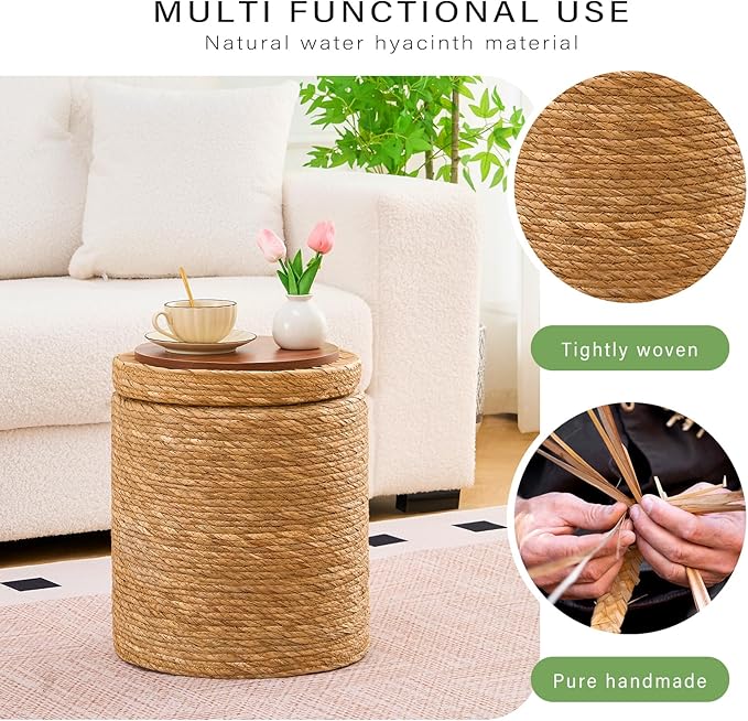 Wimarsbon Round Pouf Ottomans, Handwoven Natural Water Hyacinth Seagrass Pouffe